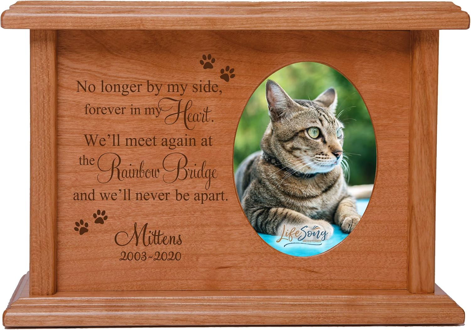 LifeSong Milestones Personalized Pet Cremation Keepsake Urn Box Holds 2x3 Photo Cherry Wood Engraved Urn and Picture Frame for Loss of Dog and Cat Gift for Pet Lover No Longer by My Side