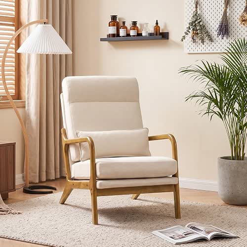 Bonnlo High Back Linen Beige Mid Century Modern Accent Chair,