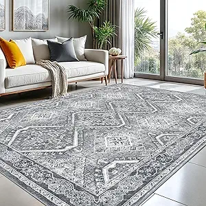 KUTA Grey Vintage Area Rugs for Living Room 8x10, Washable Large Rug for Bedroom 8ft x 10ft, Non-Slip Ultra Soft Printed Distressed Boho Farmhouse Modern Cozy Carpet for Dining Room