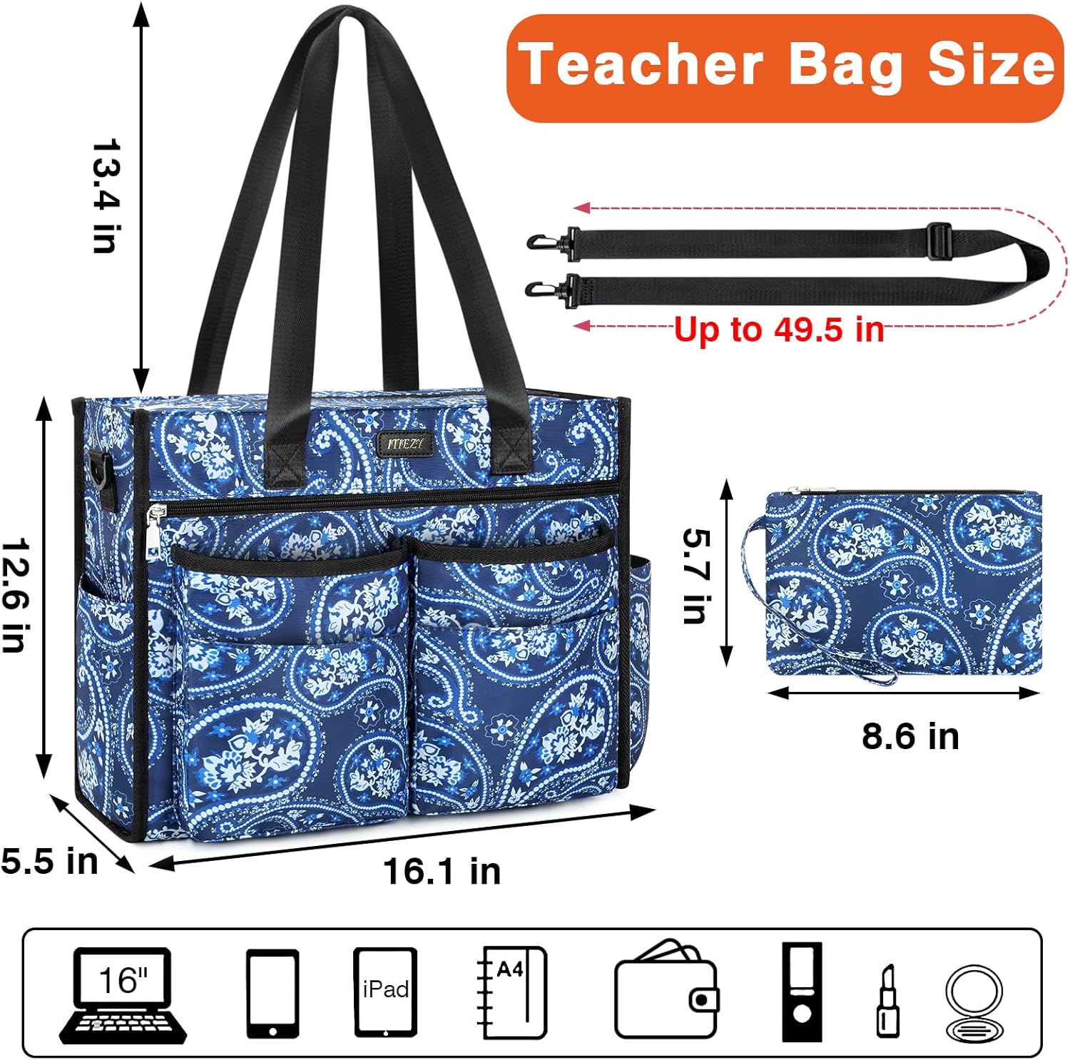 ITIEZY Large Utility Tote Bag for Women with 18 Pockets, Waterproof Teacher Nurse Bags with Zipper for Everyday Travel Work | with Trolley Sleeve, Laptop Compartment, Reinforced Bottom, Clinical Nursing Bag, College Shoulder Bag