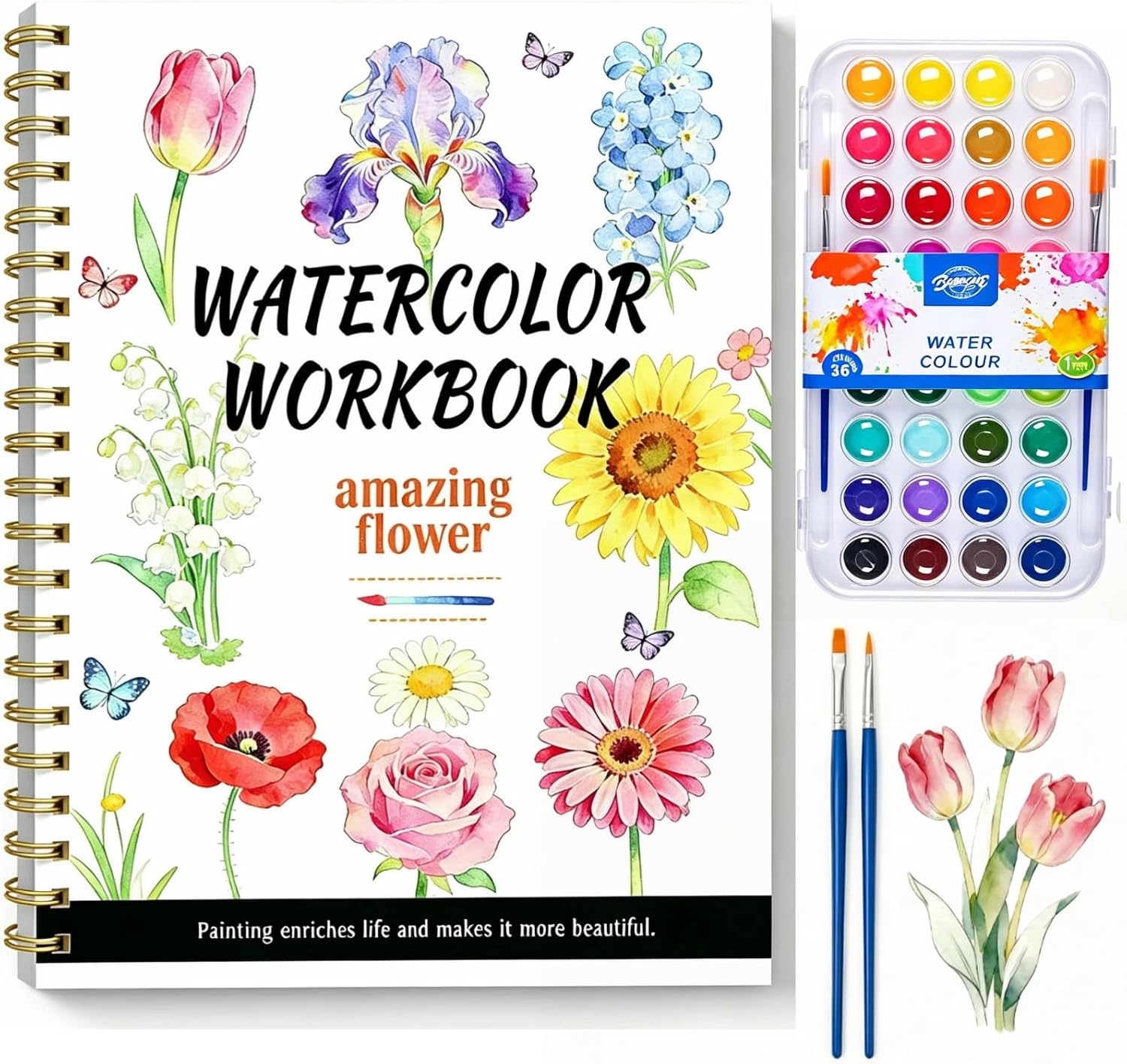 Watercolor Workbook, 14 Original DIY Patterns with 36 Colors Watercolor Paint Set, Adult Coloring Book for Travel, Home, Classroom and Gift Giving, Coloring Books for Beginners & Adults