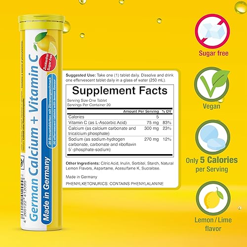 Miniatura 3 de Calcio alemán + VIT. C - 240 tabletas efervescentes de bebida vegana - Sabor limón y lima - Hecho en Alemania