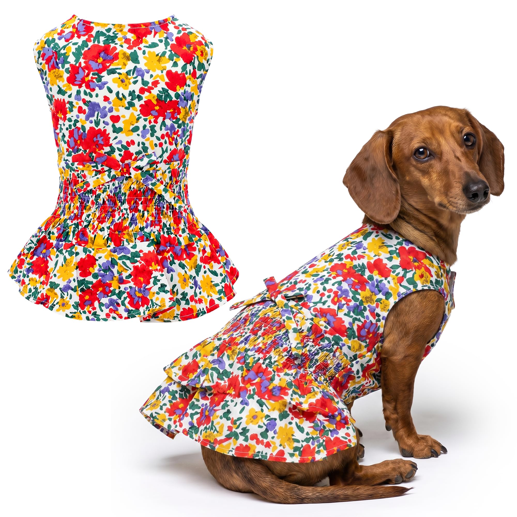 Parisian Pet Floral Dog Dress - 100% Cotton Summer Clothes for Large Dogs Girl - Ruched Waist Pet Dress - Stylish Printed Beach Dog Outfit - Lightweight Puppy Clothes - Sleeveless Dresses for Dogs