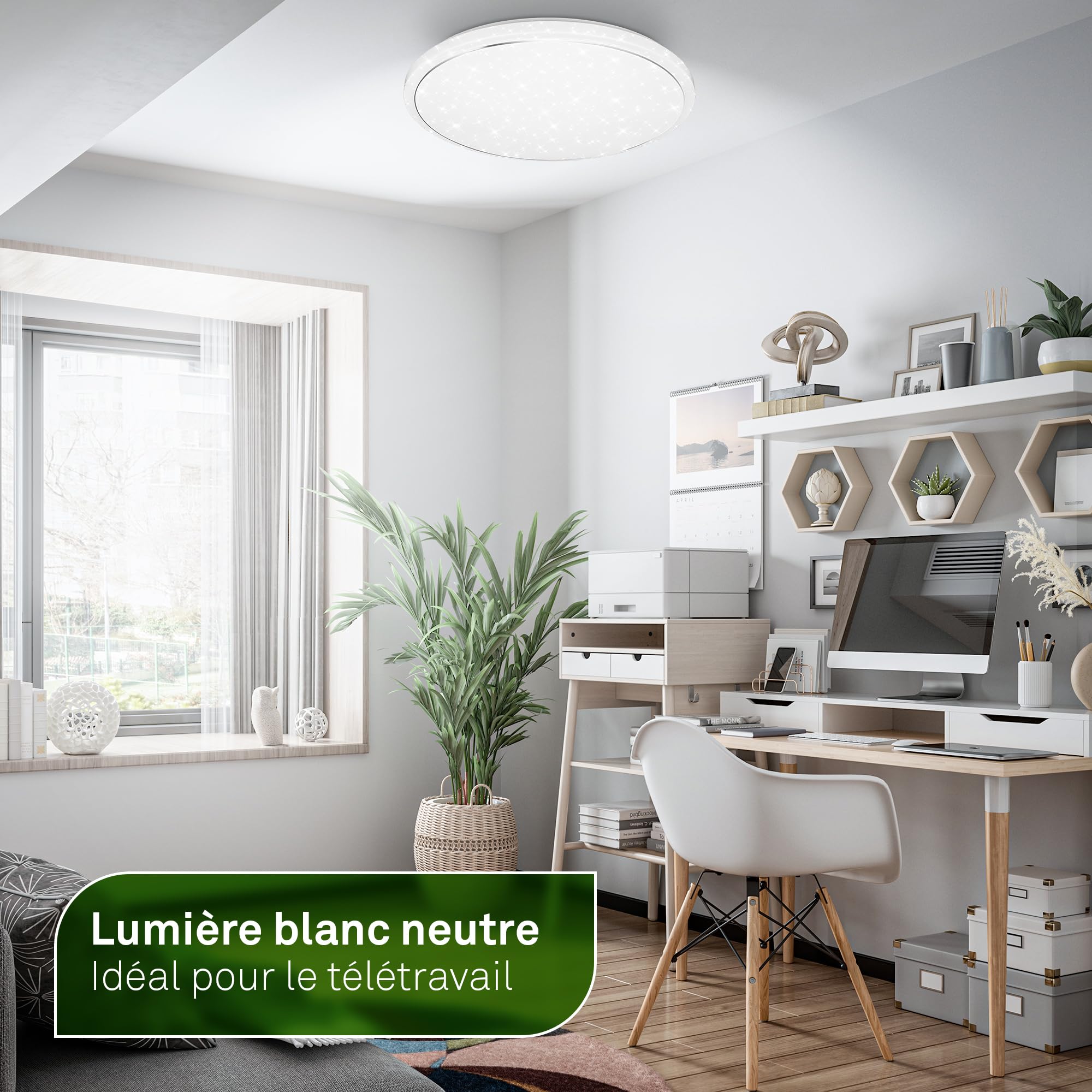 BRILONER - Plafonnier LED avec télécommande, CEE A source lumineuse, dimmable, veilleuse, blanc chaud à blanc froid, lustre, lustre salon, chambre, luminaire plafonnier, 48 x 8 cm, blanc