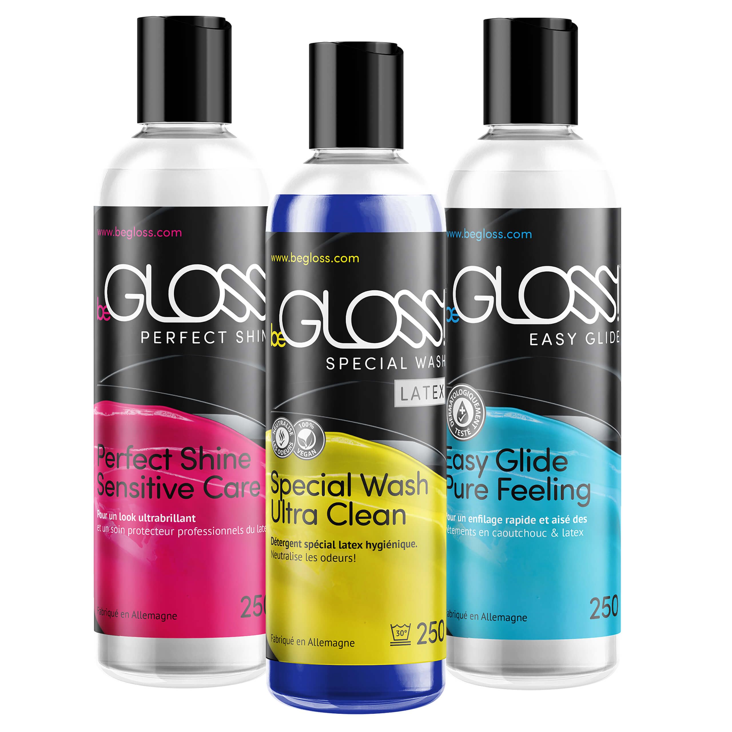 Latex Care SET 250 - Perfect SHINE-Latex Polish - Easy GLIDE-Latex Dressing AID Spécial WASH LATEX-Détergent spécial