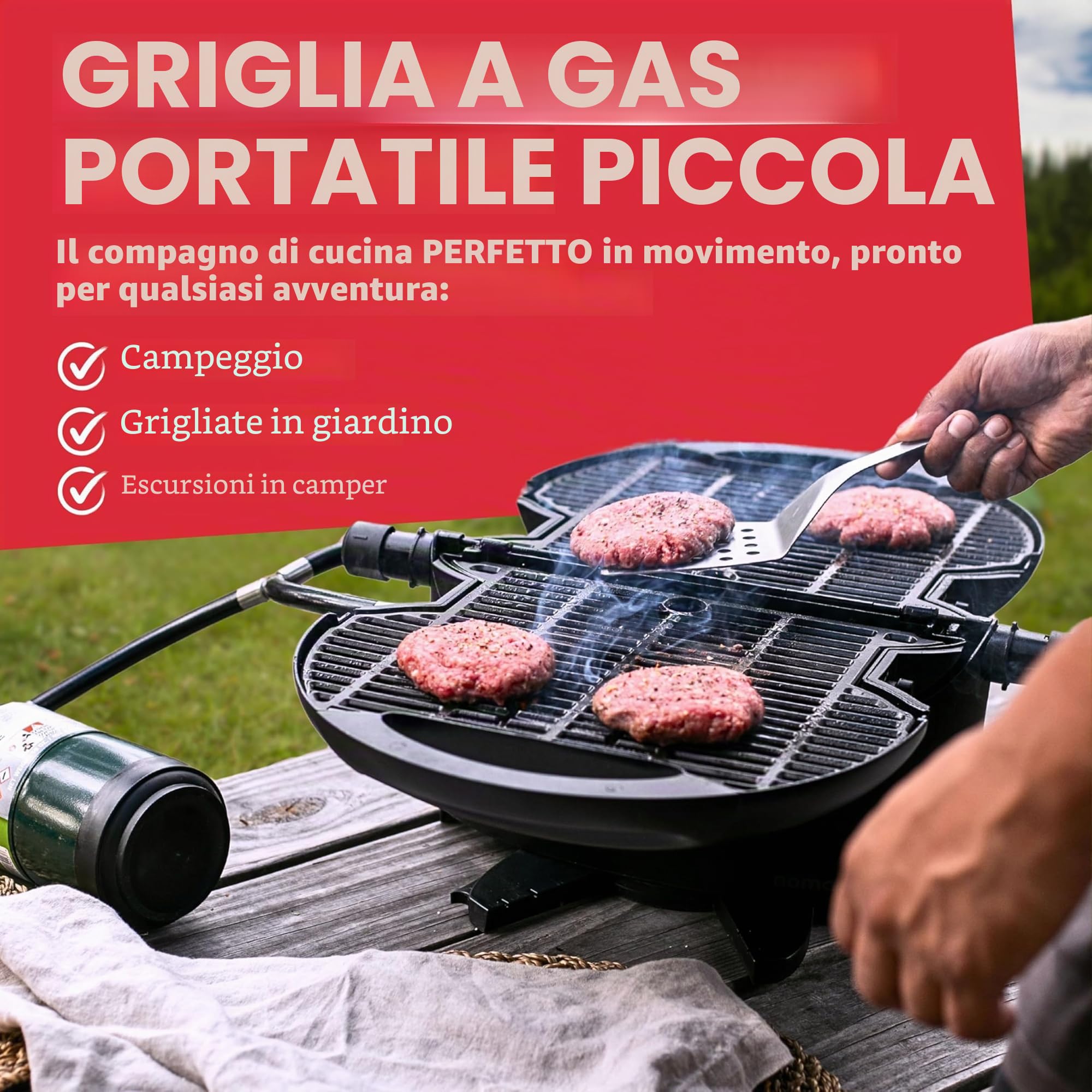 NOMADIQ Barbecue portatile a gas propano | Piccolo, mini, leggero barbecue da tavolo | Perfetto per campeggio, tailgating, cucina all'aperto, camper, barche, viaggi (griglia)