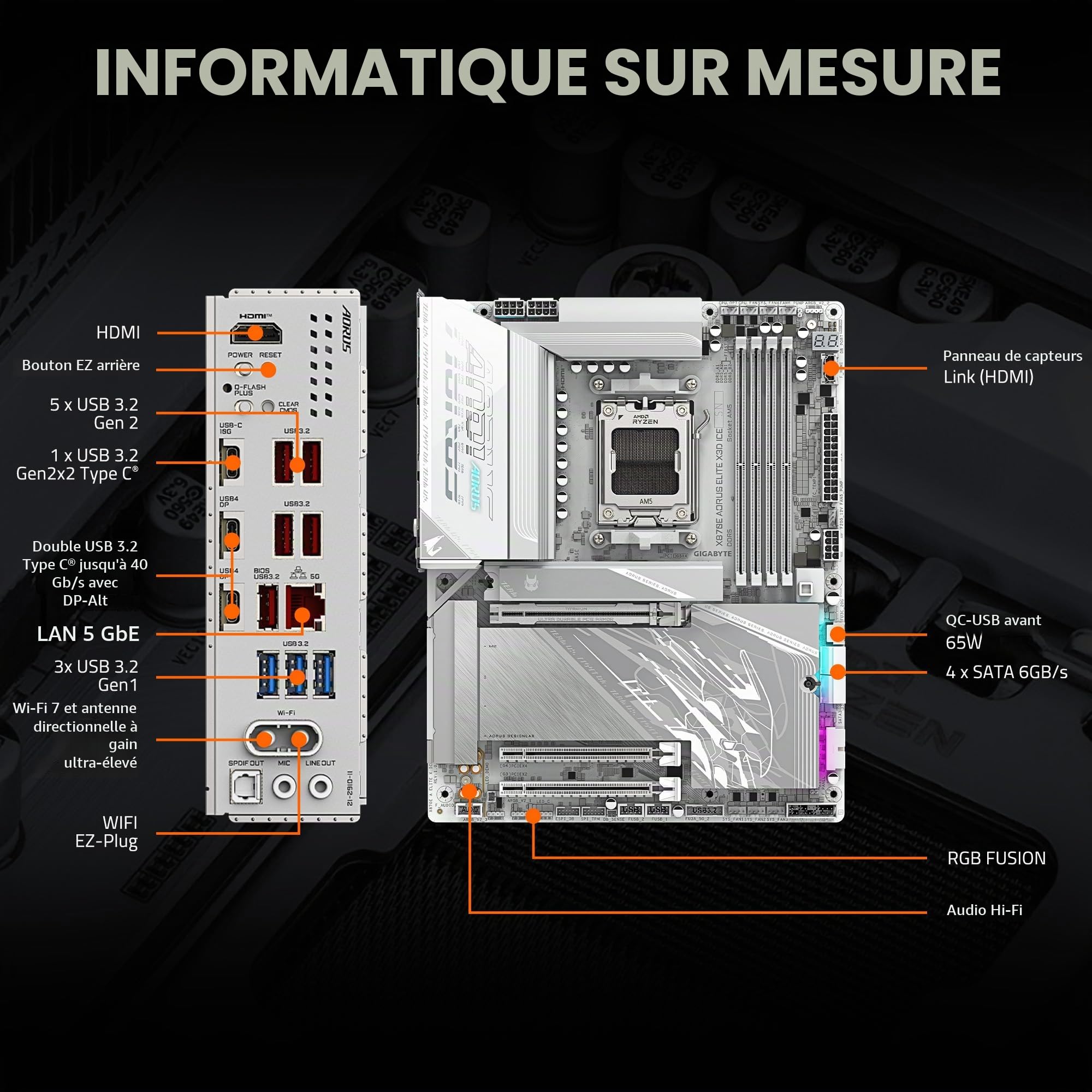 GIGABYTE X870E AORUS Elite X3D Ice Carte mère AMD AM5 LGA 1718 ATX, Prend en Charge Les processeurs AMD Ryzen 9000/8000/7000, DDR5, Power Phase 16+2+2, 4X M.2, PCIe 5.0, WiFi, 5 GbE, Plus de Garantie