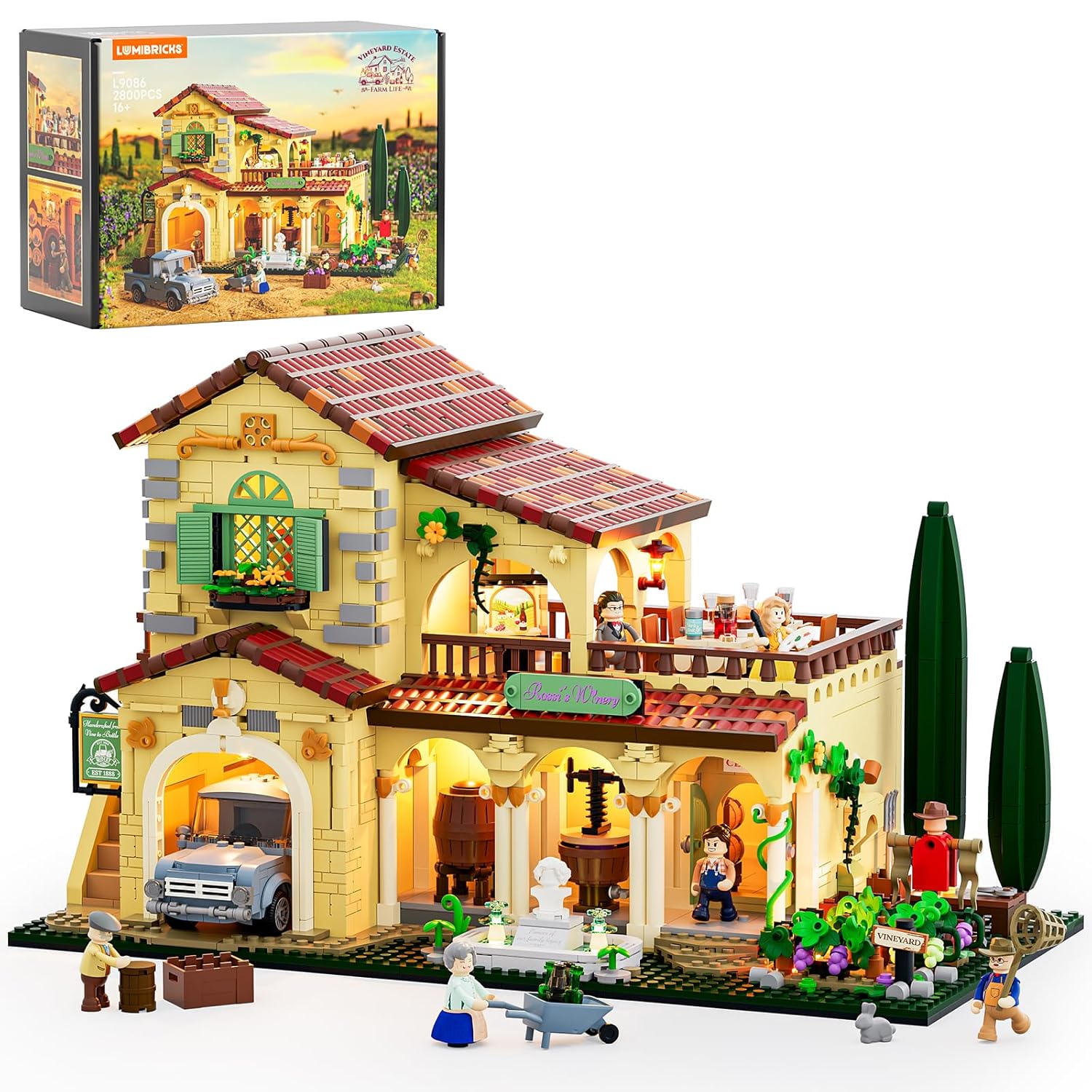 Farm Vineyard-Estate Lighting Building-Bricks-Set - 2800 Pcs Winery Chateau House Collection LED Light Wine Cottage Model Display Set