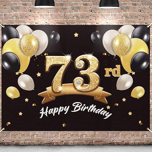 Telón de fondo de pancarta de feliz cumpleaños 73, suministros de decoración de fiesta de cumpleaños 73 para hombres, color negro y dorado, 4 x 6