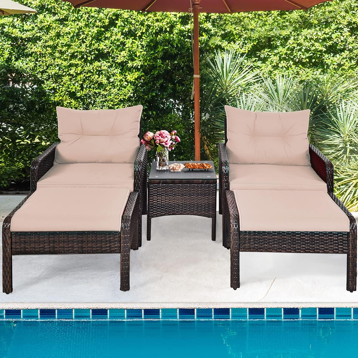 HAPPYGRILL 5-Piece Patio Furniture Set Outdoor Rattan Wicker Conversation Set with Coffee Table Cushioned Sofas and Ottoman Chat Set for Garden Backyard