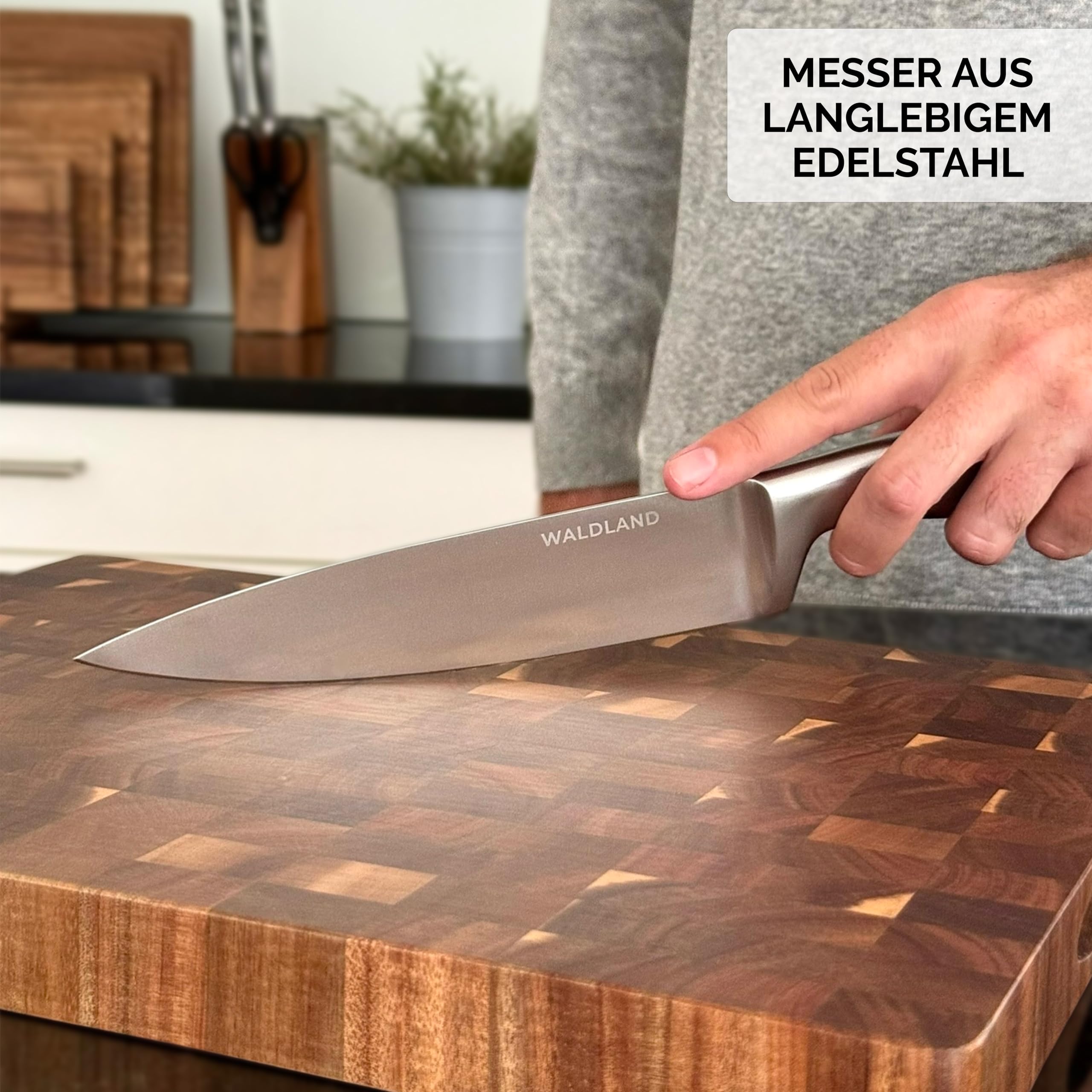 WALDLAND Premium Messerblock mit Messer – 7 teiliges Messerset I Messerblock mit Küchenmesser Set und integriertem Messerschärfer I robustes Akazienholz I Messer Set I Knife Set (Akazienholz)
