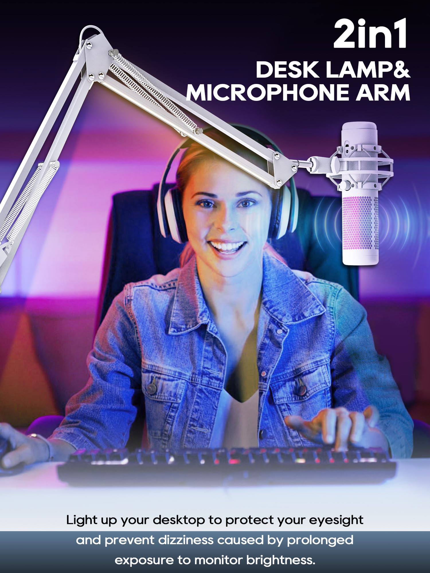 CACENCAN - Soporte de brazo de micrófono mejorado con gestión de cables, adaptador de 3/8 a 5/8 pulgadas, soporte de micrófono de montaje en escritorio para Yeti azul, Shure SM7B, HyperX, transmisión