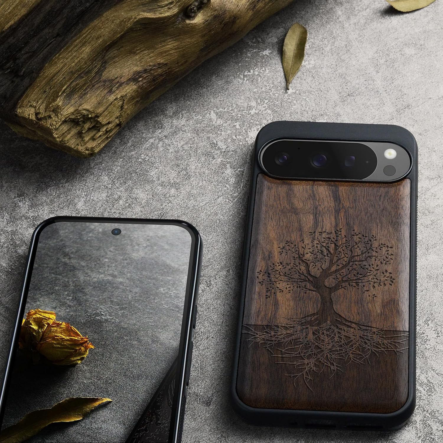 Carveit Magnetic Wooden Case for Google Pixel 9 Pro XL Case, Wood Artisan Engraved & Soft TPU Shockproof Cover, Compatible with MagSafe Wireless Chargers (The Yin Yang Tree) Walnut