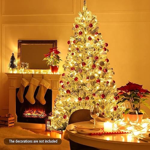 Miniatura 3 de Happygrill Árbol de Navidad artificial flocado de 7 pies con bisagras, árbol de Navidad artificial preiluminado con 1,116 puntas de rama, 450 luces