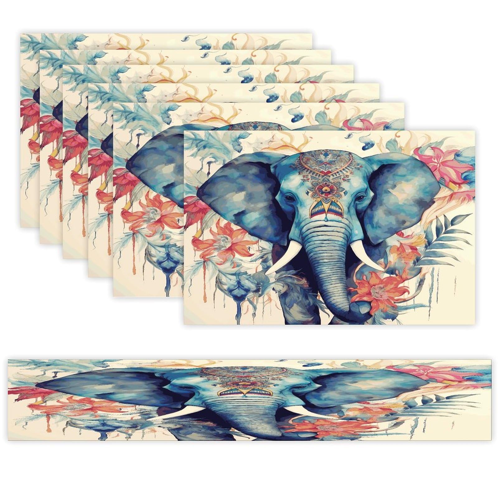 Peacock Feathers Elephant Table Runner and Placemats Set of 6 for Kitchen Washable Table Mats Heat Resistant Place Mats Non-Slip Place Mat Wipeable Placemat(6 Placemats+1 Table Runner)