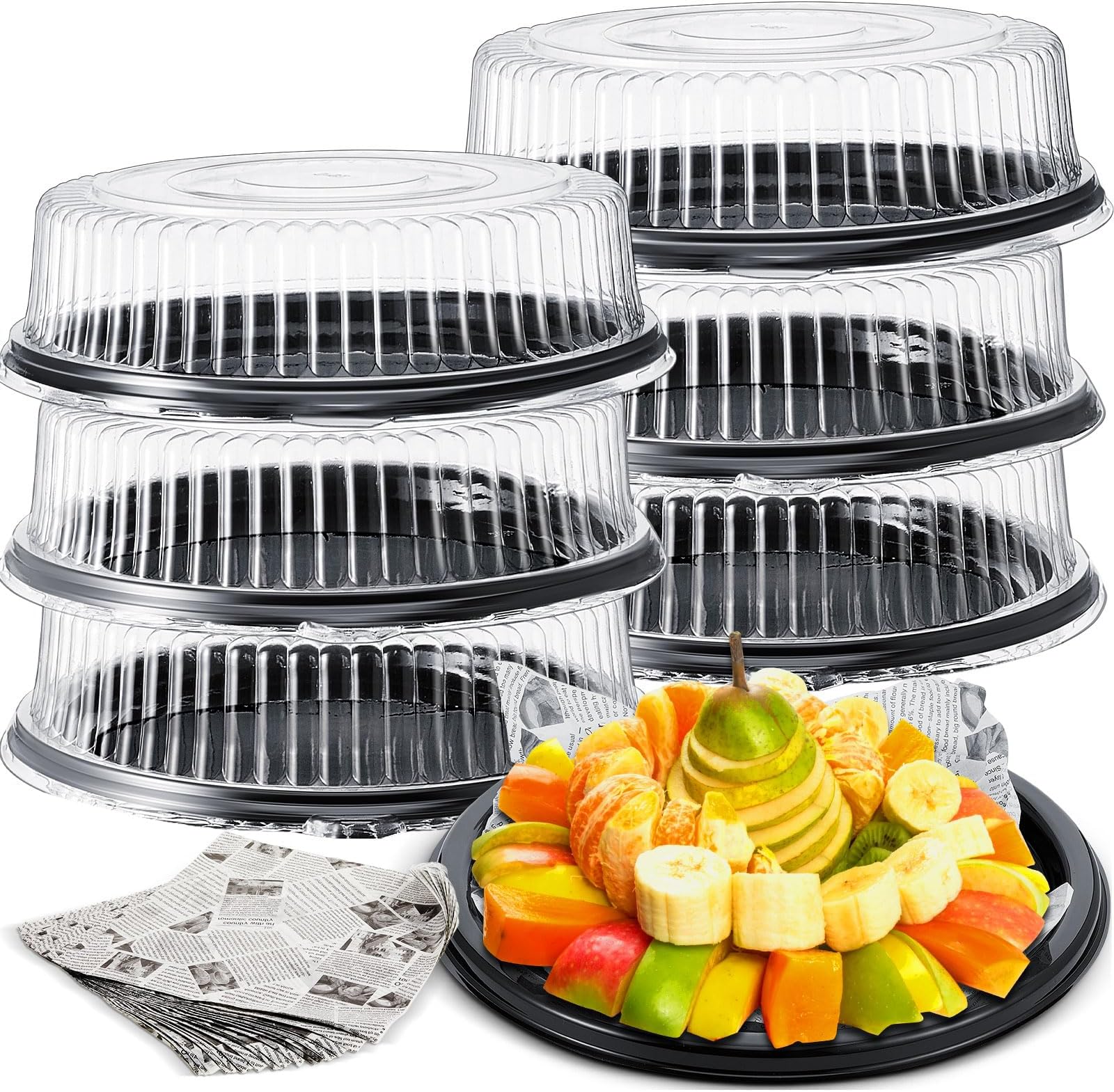Tessco 6 Pcs Heavy Duty Serving Tray and Lid 12 Pcs Deli Wax Paper Sheets Large, Black Plastic Round Platters with Clear Lids for Party Food Sandwich Veggie Cookie Tray, Heavy Duty (16 Inch)