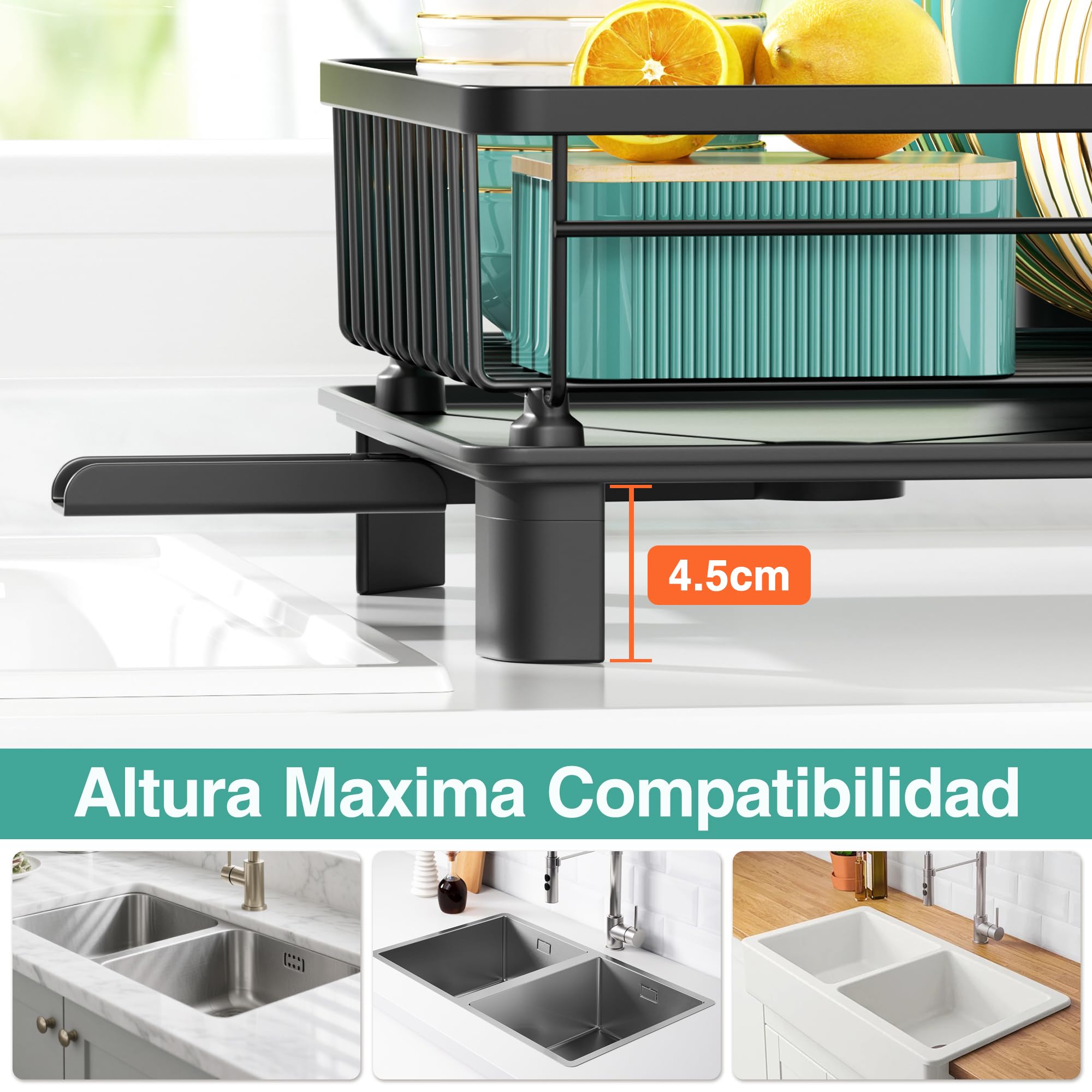 niffgaff Escurridor de platos negro (37.5 * 28 * 14.5 cm), escurridor de acero inoxidable con alfombrilla de secado rápido, soporte de secado para platos