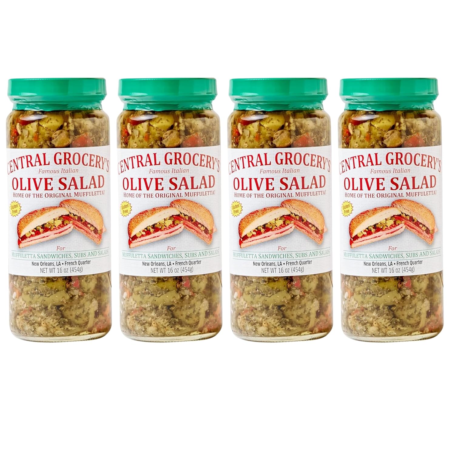Central Grocery Olive Salad - 16 oz (Pack of 4) Perfect for Muffulettas, Sandwiches, Pizza Toppings, Pastas, Hot Dog Topper, Salads and More