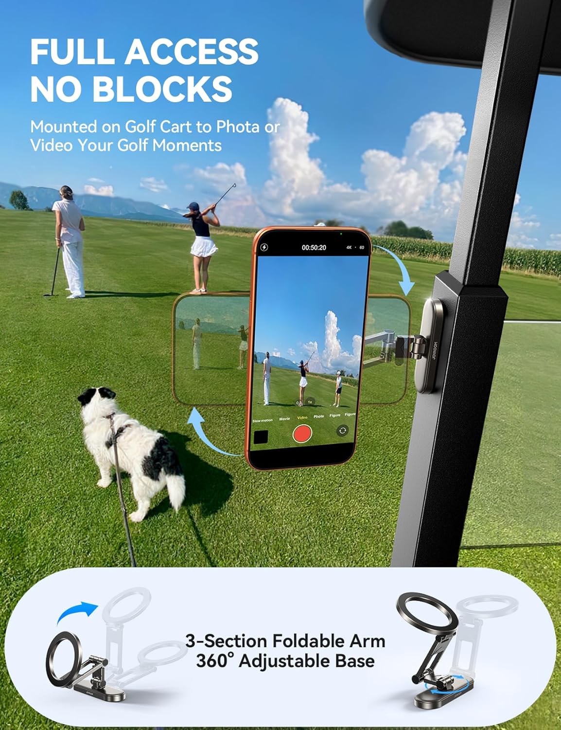 JOYROOM Upgraded Magnetic Golf Cart Phone Holder, [Tri-fold+All Alloy] Golf Gifts for Men Him Golfers dad, 2026 Golf Cart Accessories Compatible with MagSafe iPhone 17-12 for Club Car, EZGO, Yamaha