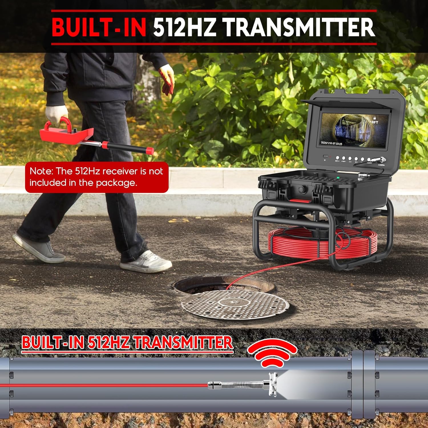 Sewer Camera with 512Hz Transmitter 100ft, 7mm Cable Self Leveling Drain Cameras with Distance Counter, Plumbing Camera Snake with Light, 10.1'' Pipe Borescope Inspection Cam w/DVR (Keyboard Input)