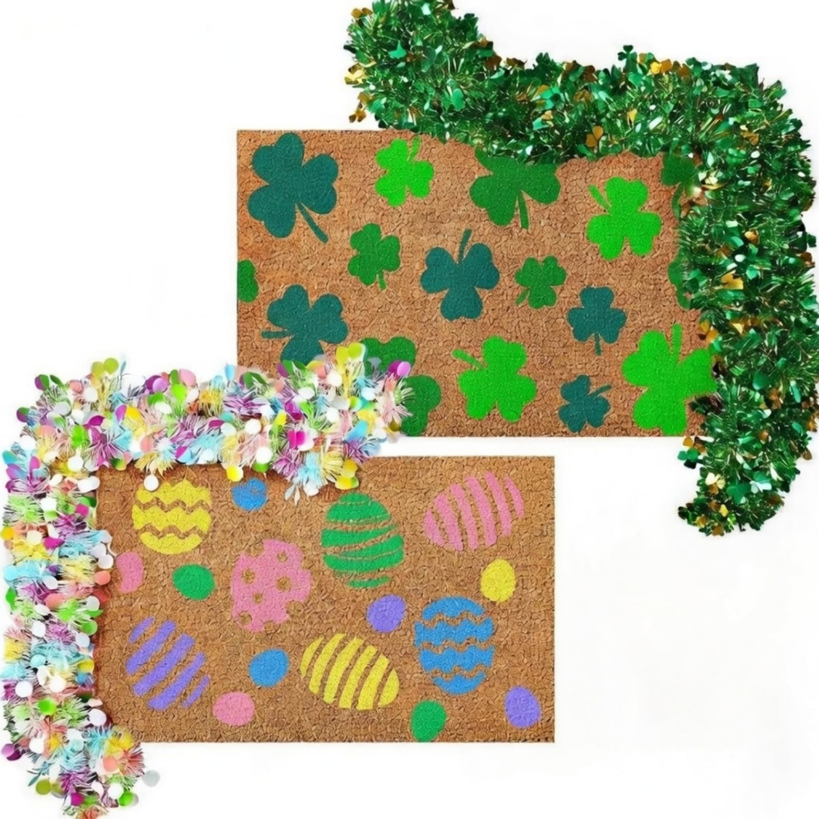 Nuanchu 3 Sets St. Patricks Day Shamrock Doormat Mat Easter Rabbit Doormat 16 x 28 Inch with Tinsel Garland Mat for St. Patrick's Day Easter Indoor Entrance Front Door(Fresh)