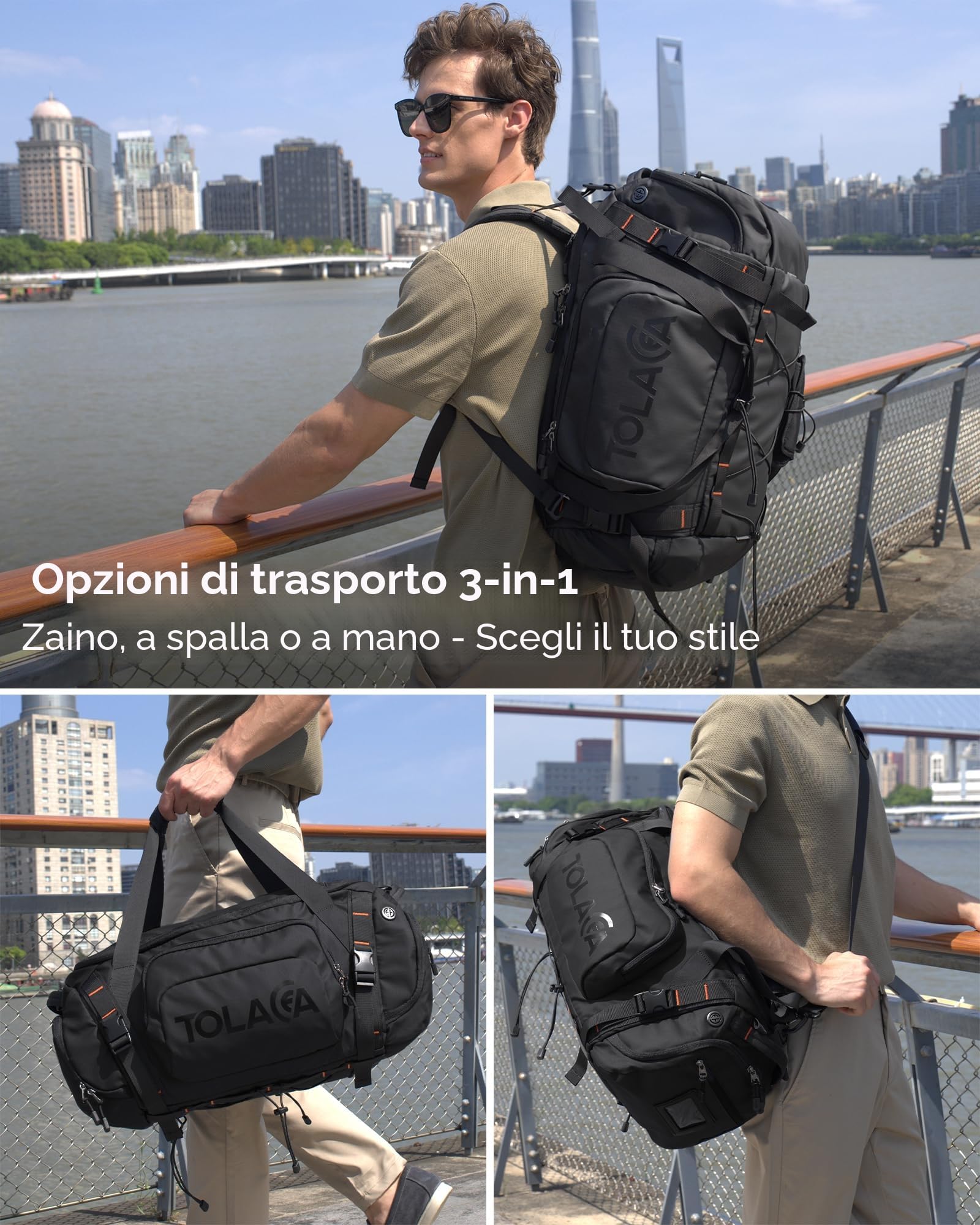 Tolaccea Borsone Palestra per Uomo e Donna 55L Grande – Zaino da Viaggio Convertibile con Scomparto Scarpe, Tasca Umida e Portatile 15,6" – Impermeabile per Sport e Viaggi (Nero)