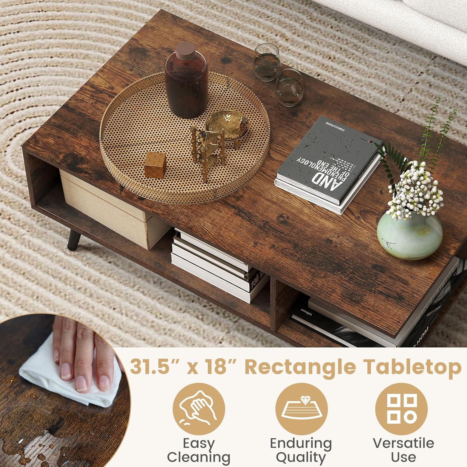 Giantex Coffee Table with Storage, Mid Century Modern Center Table for Living Room, Rectangle Tea Table with Open Storage Shelf & Floor-Anti-Scratching Tapered Metal Legs, Rustic Brown (Rustic Brown)