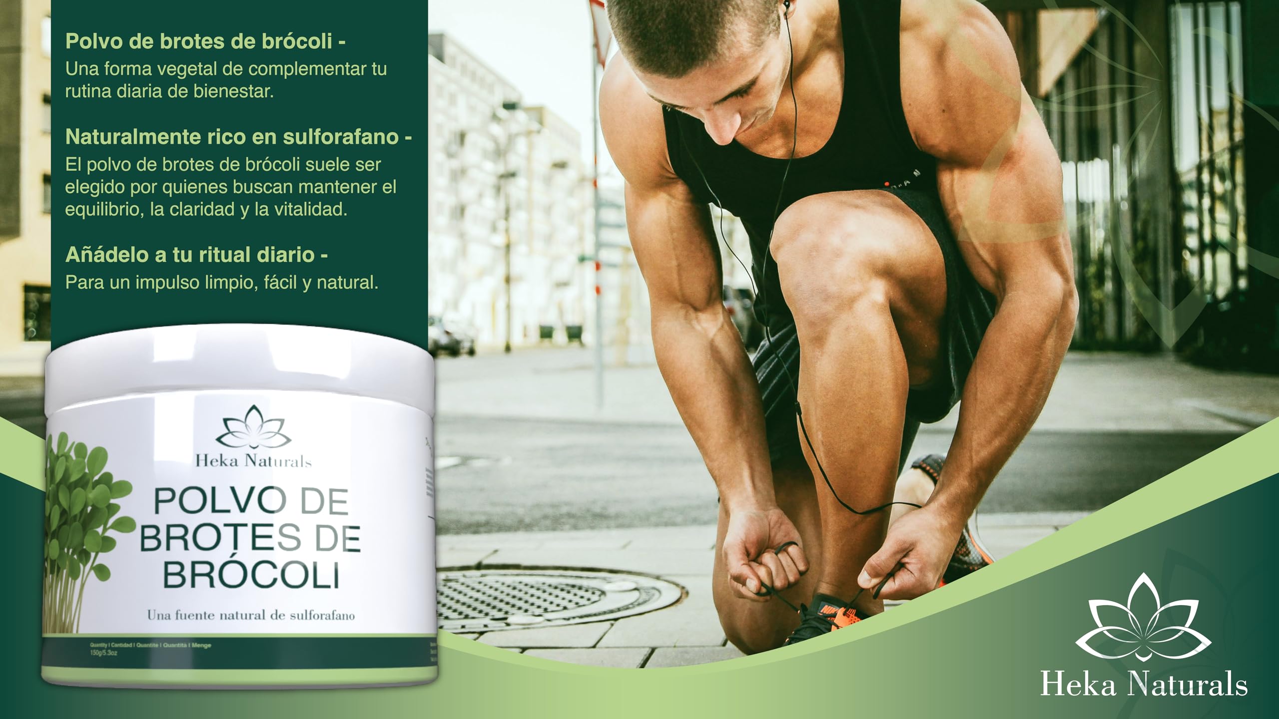 Heka Naturals Polvo de Brotes de Brócoli Orgánico - Superalimento 100% Puro de Semillas Germinadas - Rico en Sulforafano, Vegano, Sin OGM ni Aditivos - 150g