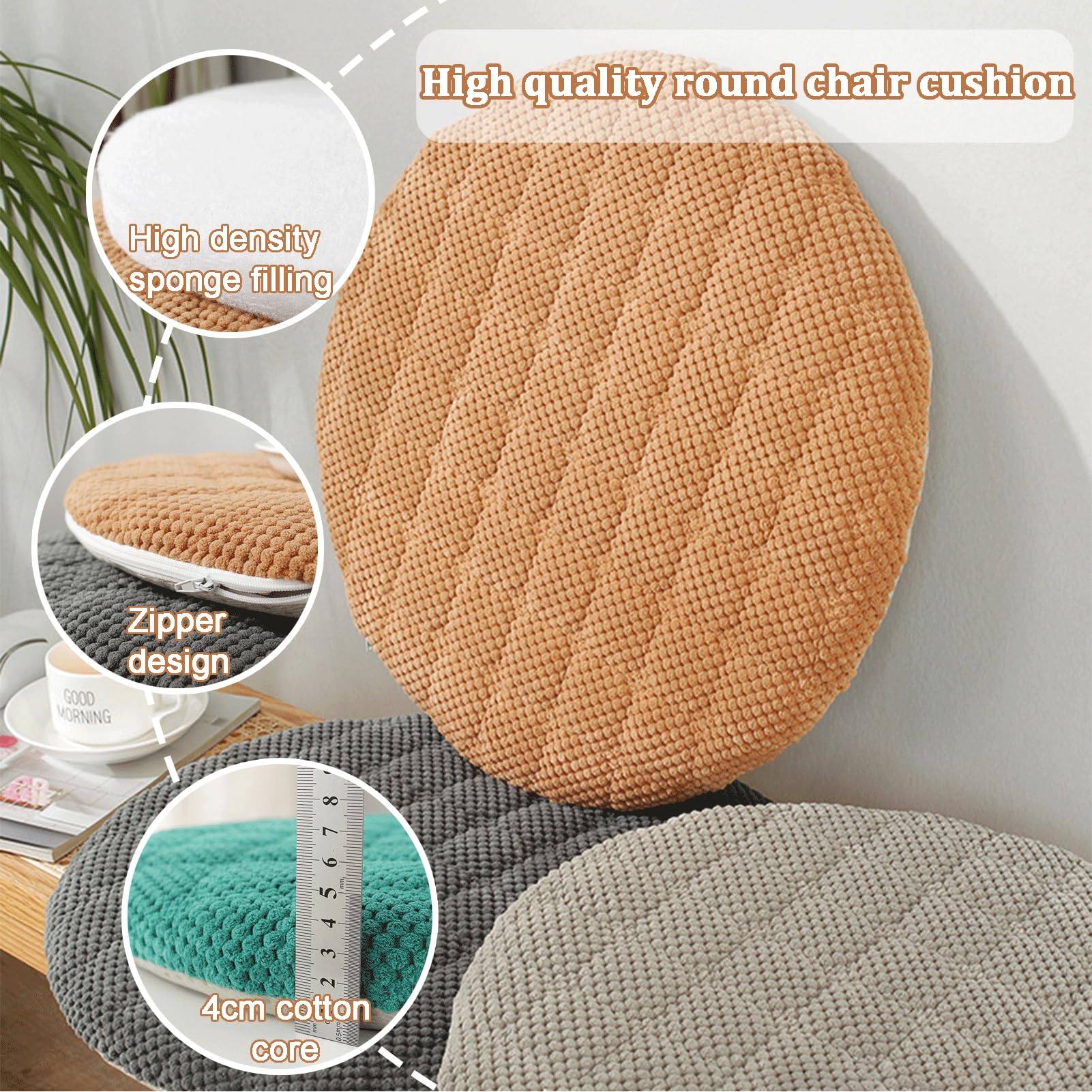Generisch 2/4/6er Set Sitzkissen Rund,Bequeme Stuhlkissen 40x40cm | Stuhlauflage Gartenstuhl Mit Reißverschluss Waschbar Rutschfest, Für Esszimmer Wohnzimmer Büro Cordstof
