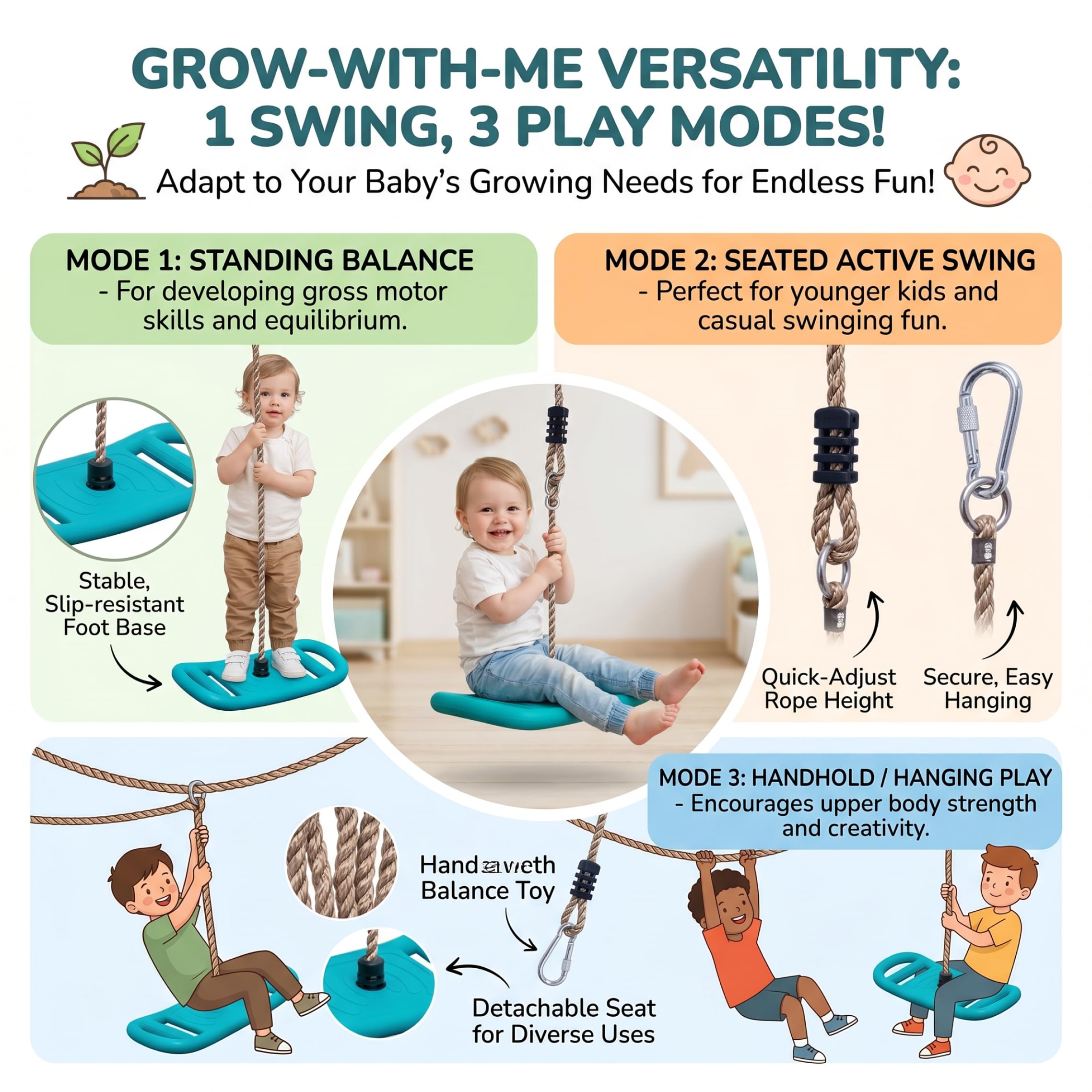 Columpio de árbol para niños, Columpio Sentado/tirando/de pie para Jugar en Interiores y Exteriores, Ejercicio Ajustable y Actividad Divertida para niños, 60 Pulgadas