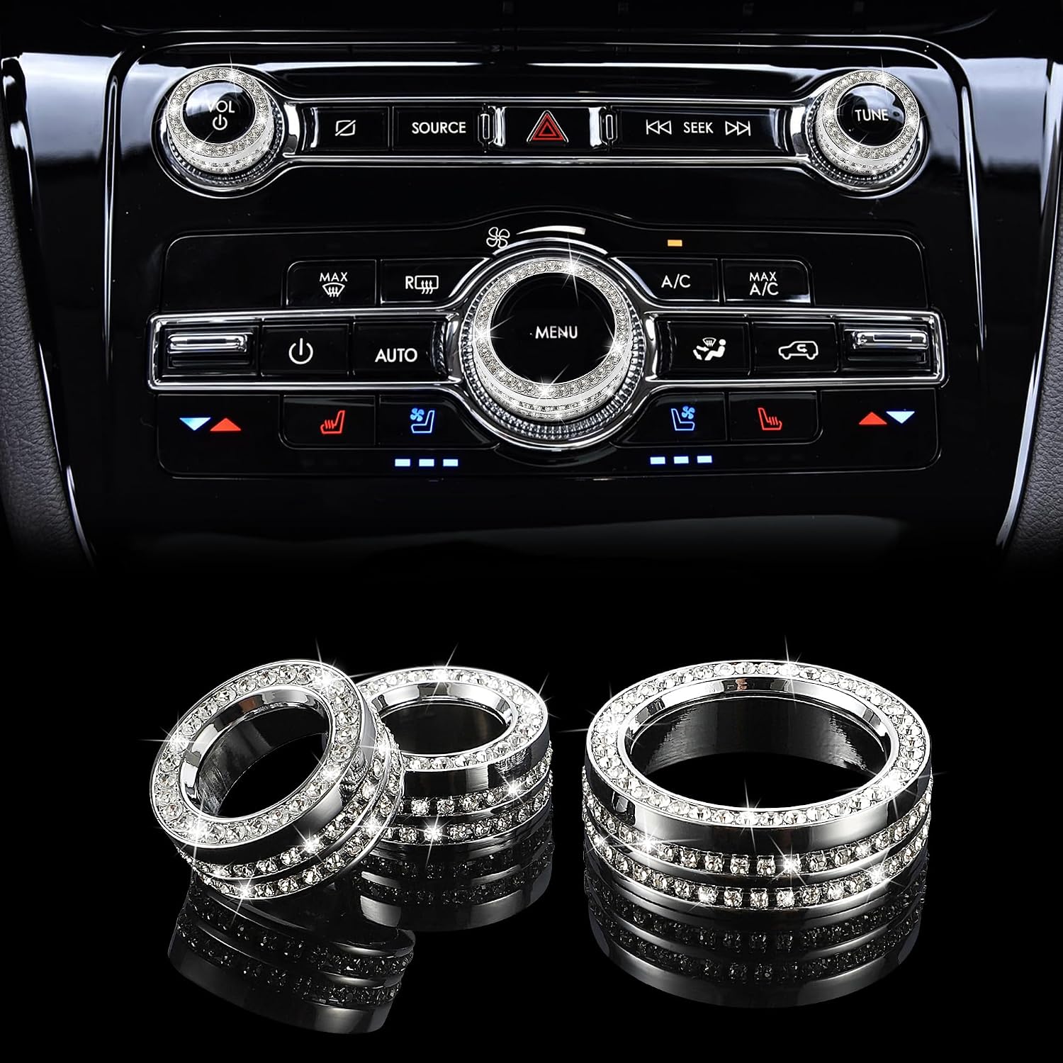 Bling Accessories Aluminum Alloy Knob Rings For Honda CR-V 2017-2020 — AC & Volume Knob Rings + Ignition Button Ring, Blue/Red | Decorative Car Interior Trim - View #5