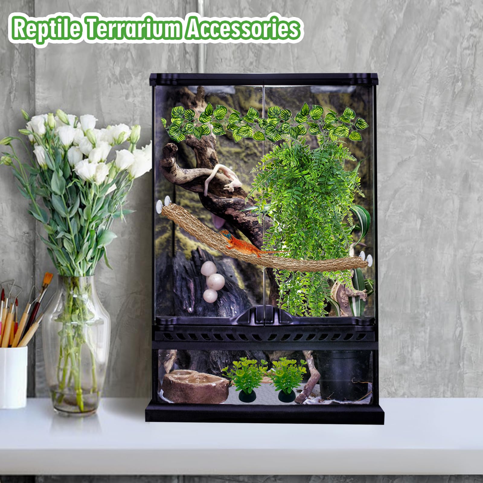 Hamac gecko avec réservoir de reptiles à suspendre pour terrarium - Feuilles artificielles pour lézards caméléons