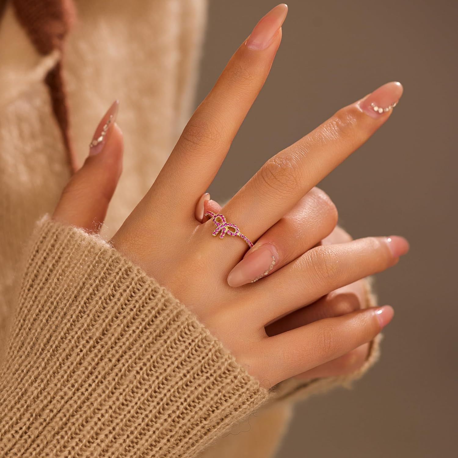Pink Bow Rings for Women 14K Gold Plated 925 Sterling Silver Rings Mother Daughter Knot Rings Dainty Cubic Zirconia Stackable Rings Jewelry - Image 3