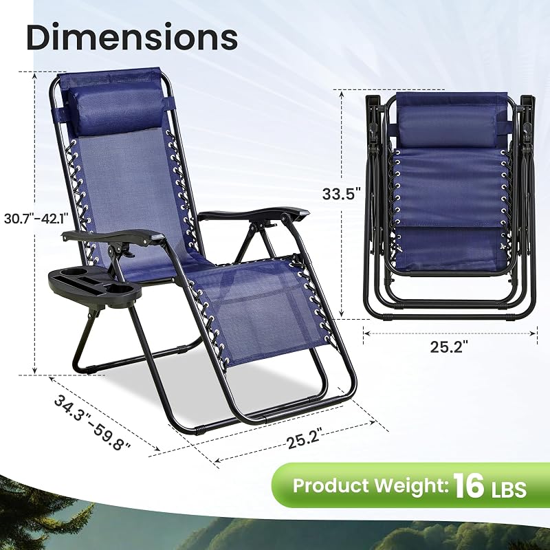 Foristrail 2-Pack Zero Gravity Lounge Chair Recliners - Adjustable Steel Frame with Removable Headrests & Cup/Phone/Tablet Trays - 330LBS Capacity - Navy Blue image 3