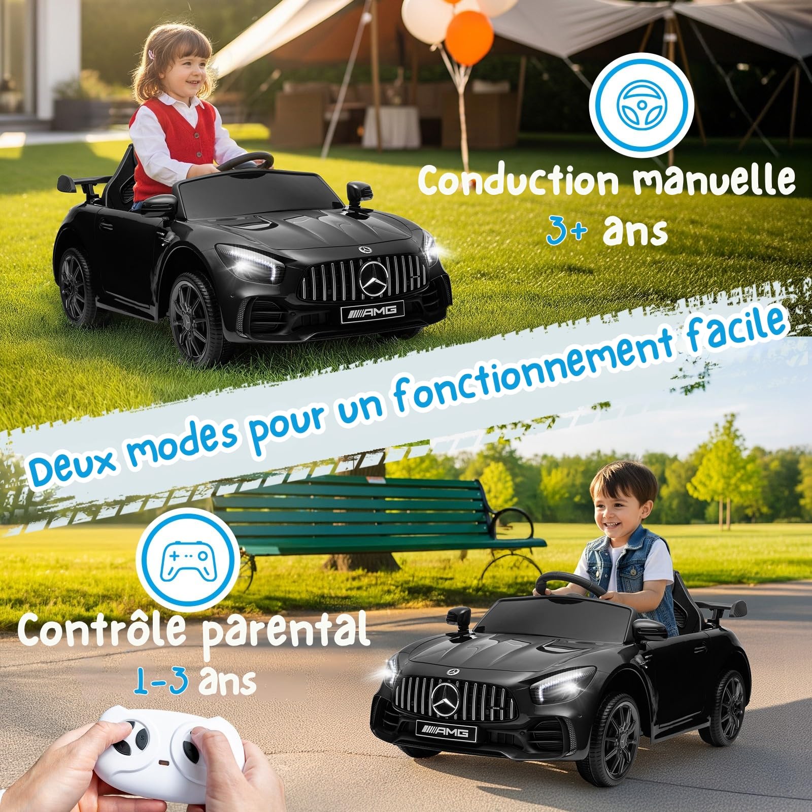 LALAHO Voiture électrique pour Enfants Mercedes GTR，Véhicule Electrique Enfant 3 à 6 Ans avec Télécommande 2.4G，2 Portes avec MP3 (Noir)