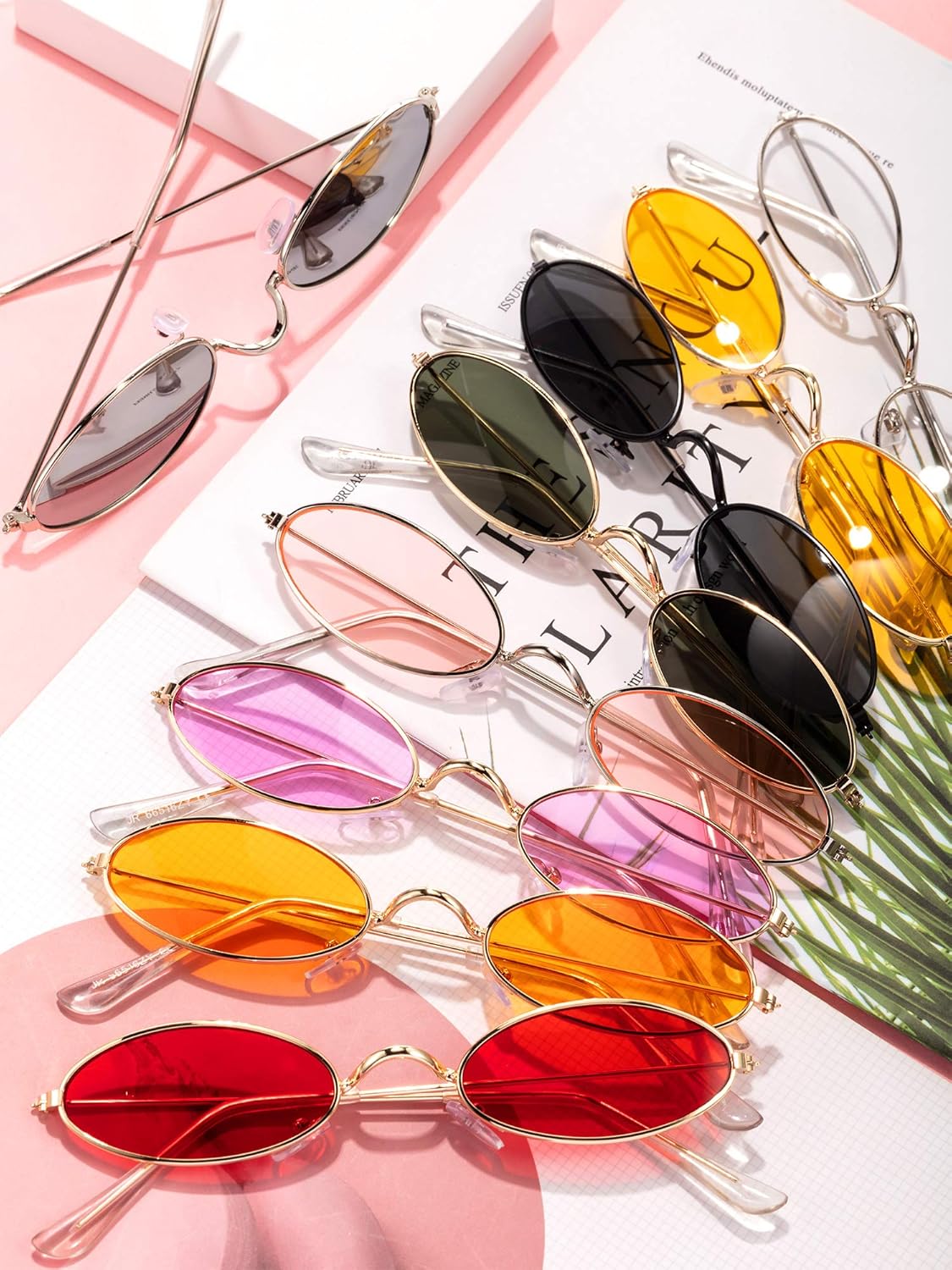 Frienda 18 Pairs Vintage Slender Oval Sunglasses Small Metal Frames Designer Gothic Glasses Candy Colors Retro Hippie Eyewear for Women Men