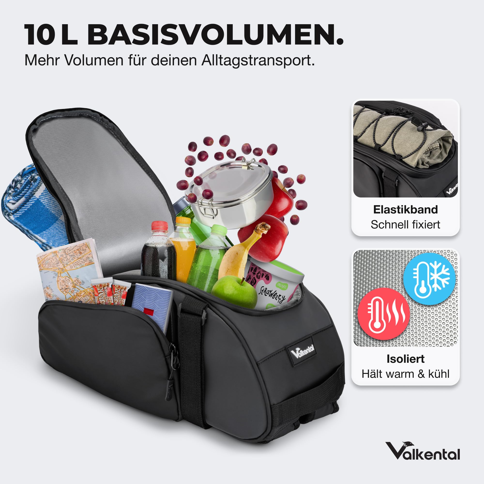 Valkental 3in1 Fahrradtasche für Gepäckträger mit Rucksackfunktion - 10-14L Volumen - Gepäckträgertasche mit zahlreichen Fächern - Wasserfest & Reflektierend - Mit Tragegriff - Geprüfte Qualität