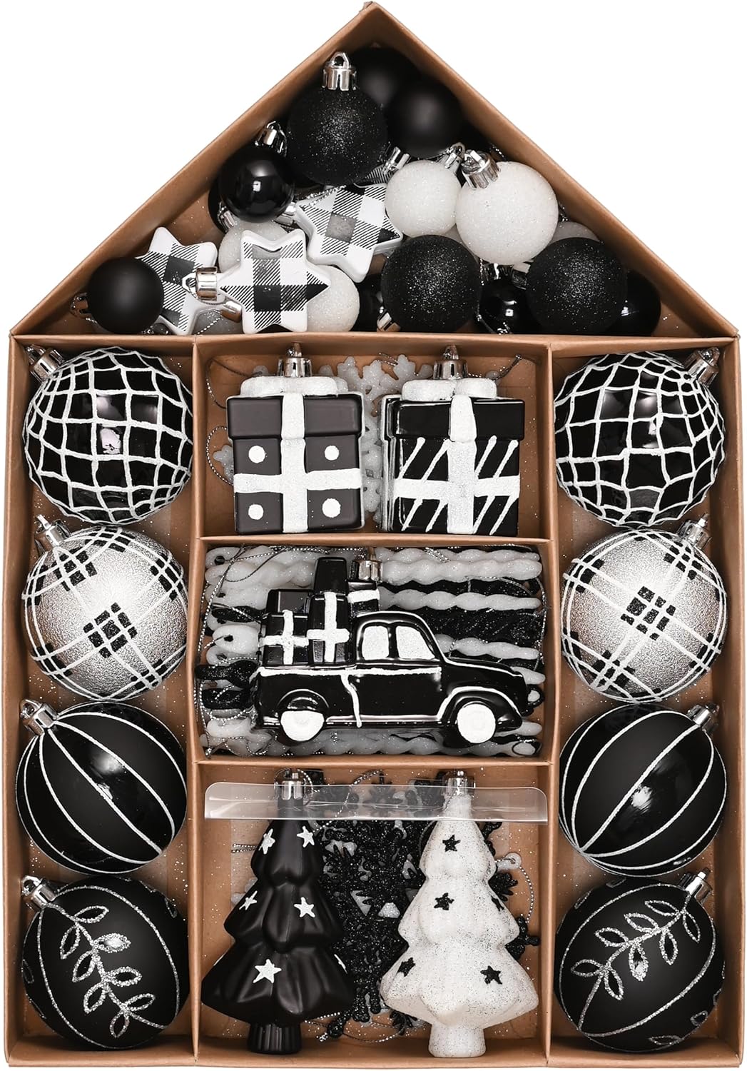 Valery Madelyn Christmas Tree Ornaments Set, 70ct Black and White Shatterproof Christmas Tree Decorations Bulk, Variety Modern Decorative Hanging Ball Ornaments for Xmas Trees Holiday Decor