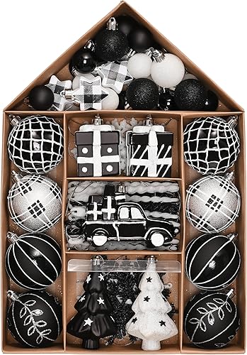 Valery Madelyn Juego de adornos para árbol de Navidad, 70 unidades, color blanco y negro, inastillables, decoración a granel, adornos modernos de