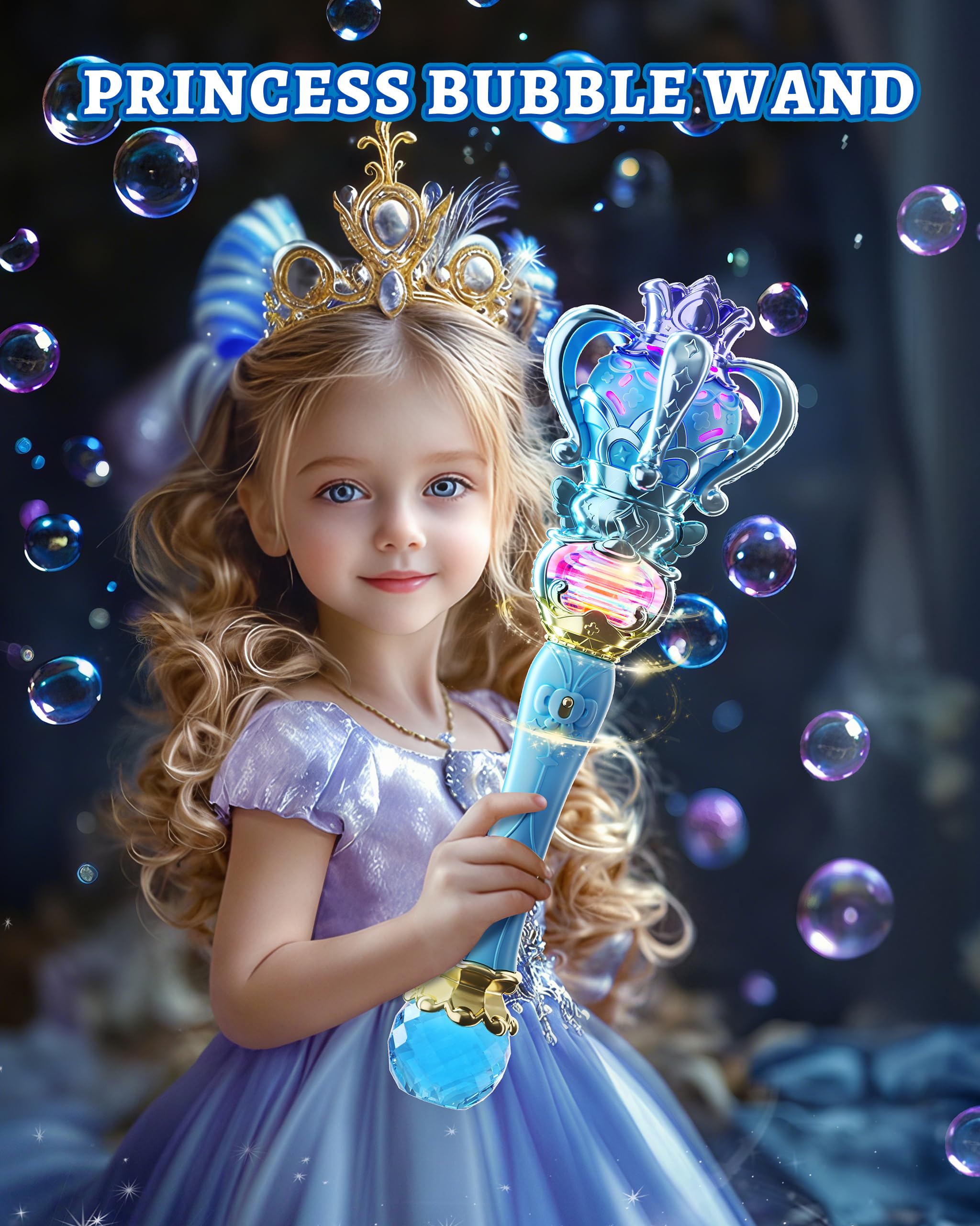 Uregoio Princess Bubble Wands Machine for Kids with Rotating Design, Outdoor Bubble Maker Toys for Kids Ages 4-8, Rechargeable Light Up & Music Fairy Wands, Party Birthday for 3+ Year Old Girls(Blue)
