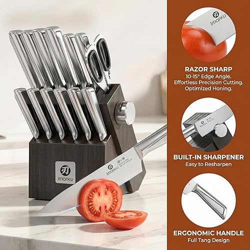 Miniatura 4 de imarku Juego de cuchillos japoneses de acero inoxidable de alto carbono con bloque, cuchillos de cocina Gyutou forjados con precisión con afilador