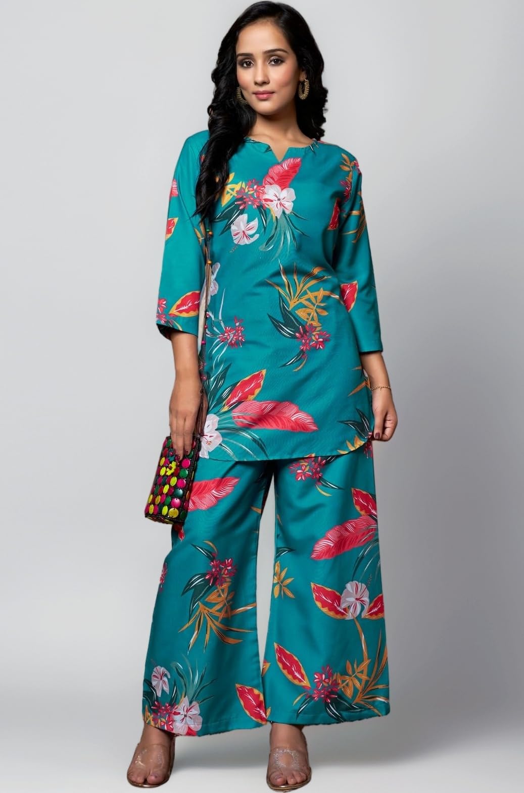 DHRUVI TRENDZ Rayon Kurta-Set for Women – Printed Anarkali Kurta with Pants | Elegant Ethnic Outfit and Office Look | 2 Piece Kurta for Holiday Look & Puja | 3/4 Sleeve Co-ord set