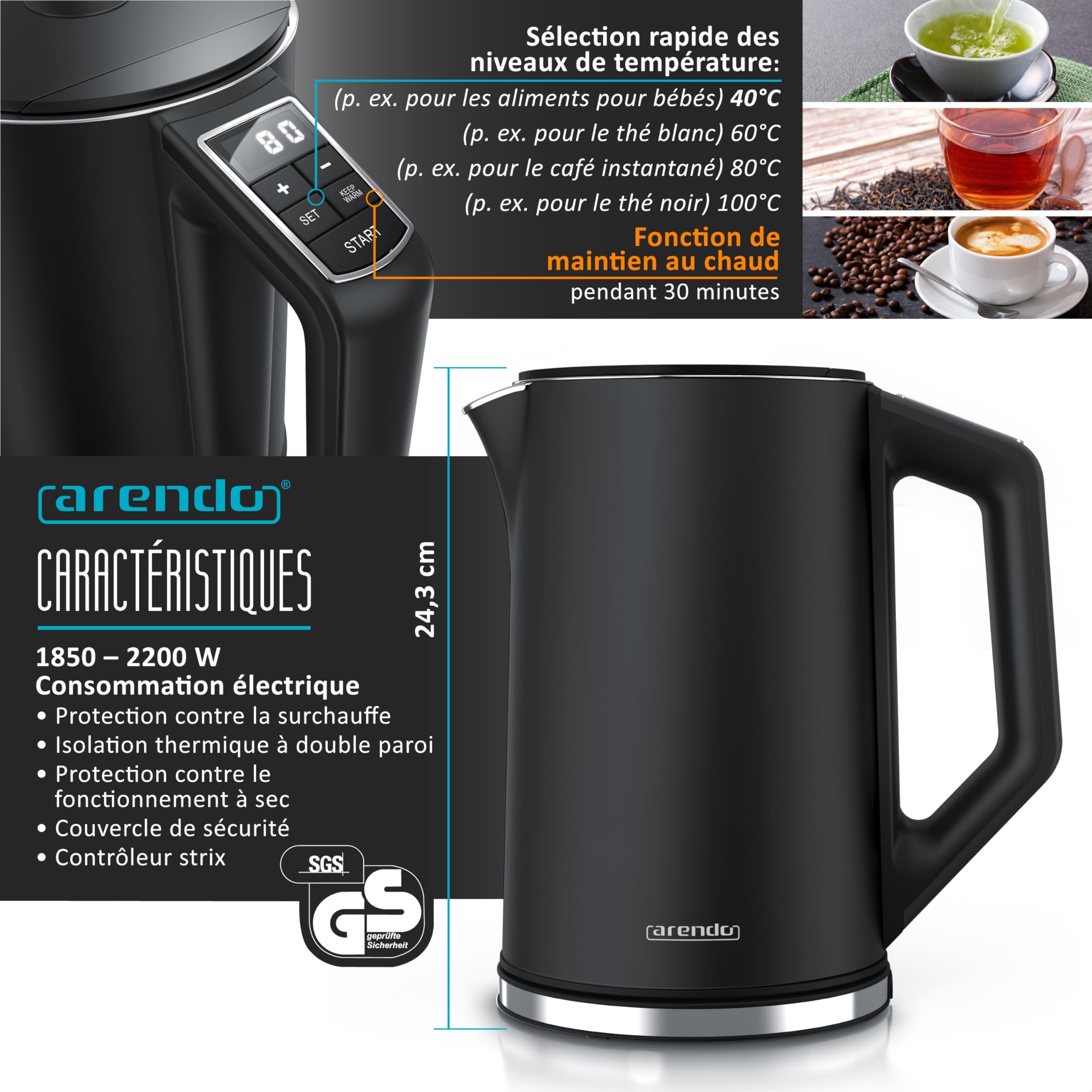 Arendo Ensembles Bouilloire et grille-pain et cuiseur à oeufs Bouilloire en inox 1,5L 40°-100°C, Toaster 4 Tranches Ecran LED 6 niveaux de brunissage, Cuiseur à oeufs 1-6 oeufs, Verre doseur Noir