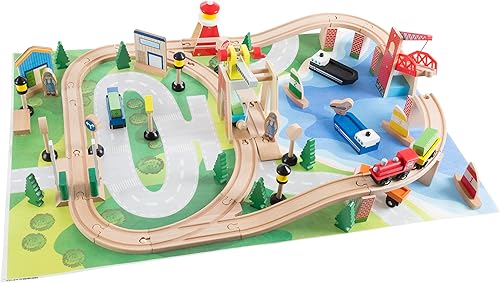Juego de tren de madera con tapete de juego para niños, incluye pistas de madera de lujo, vagones de tren, barcos, accesorios para niños y niñas por