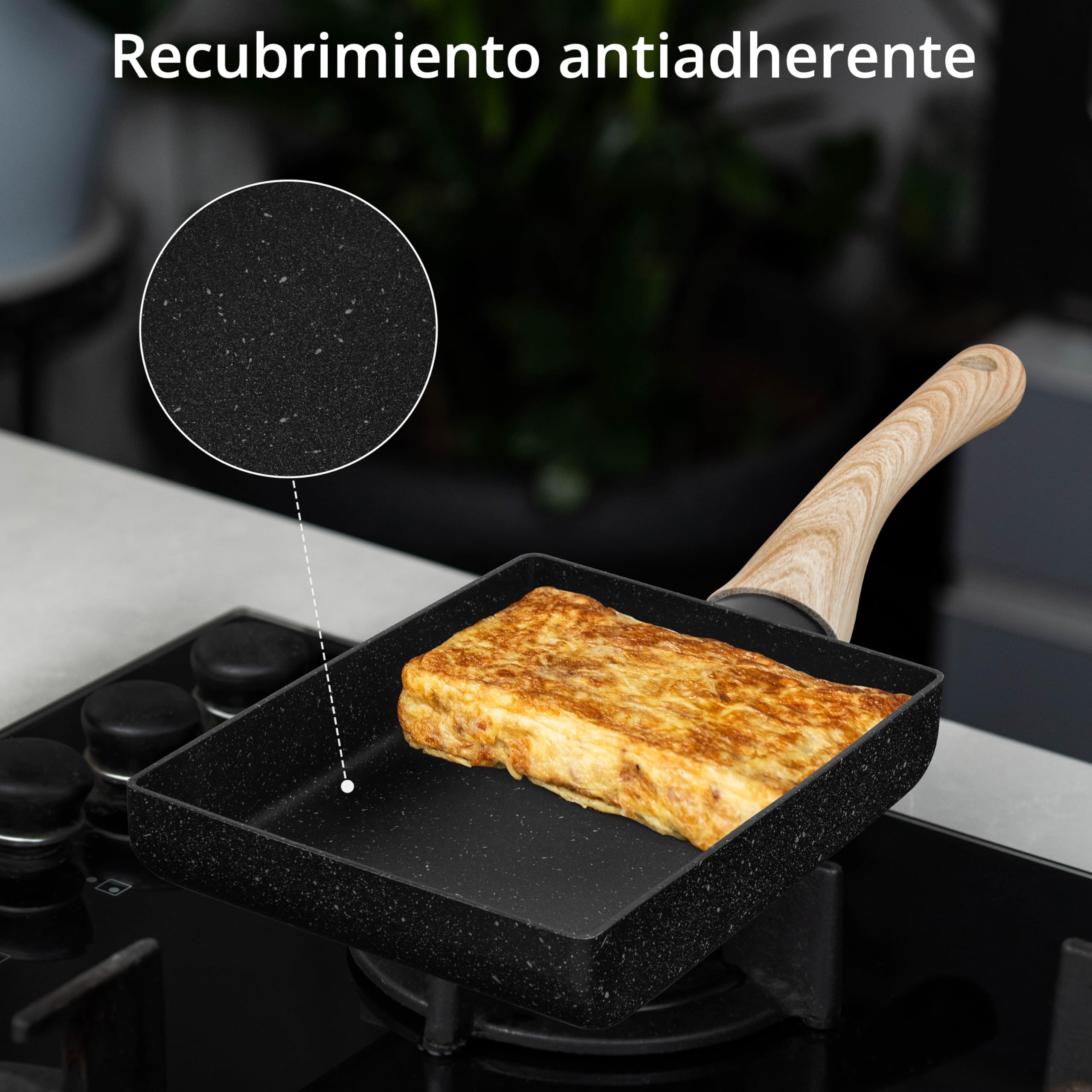 Winter Shore Juego de Sartén Tortilla Japonesa - Sarten Antiadherente Rectangular para Tamagoyaki con Mango de Madera - Incluye Plato, Cepillo para Aceite, Espátula, Palillos - Utensilios de Cocina