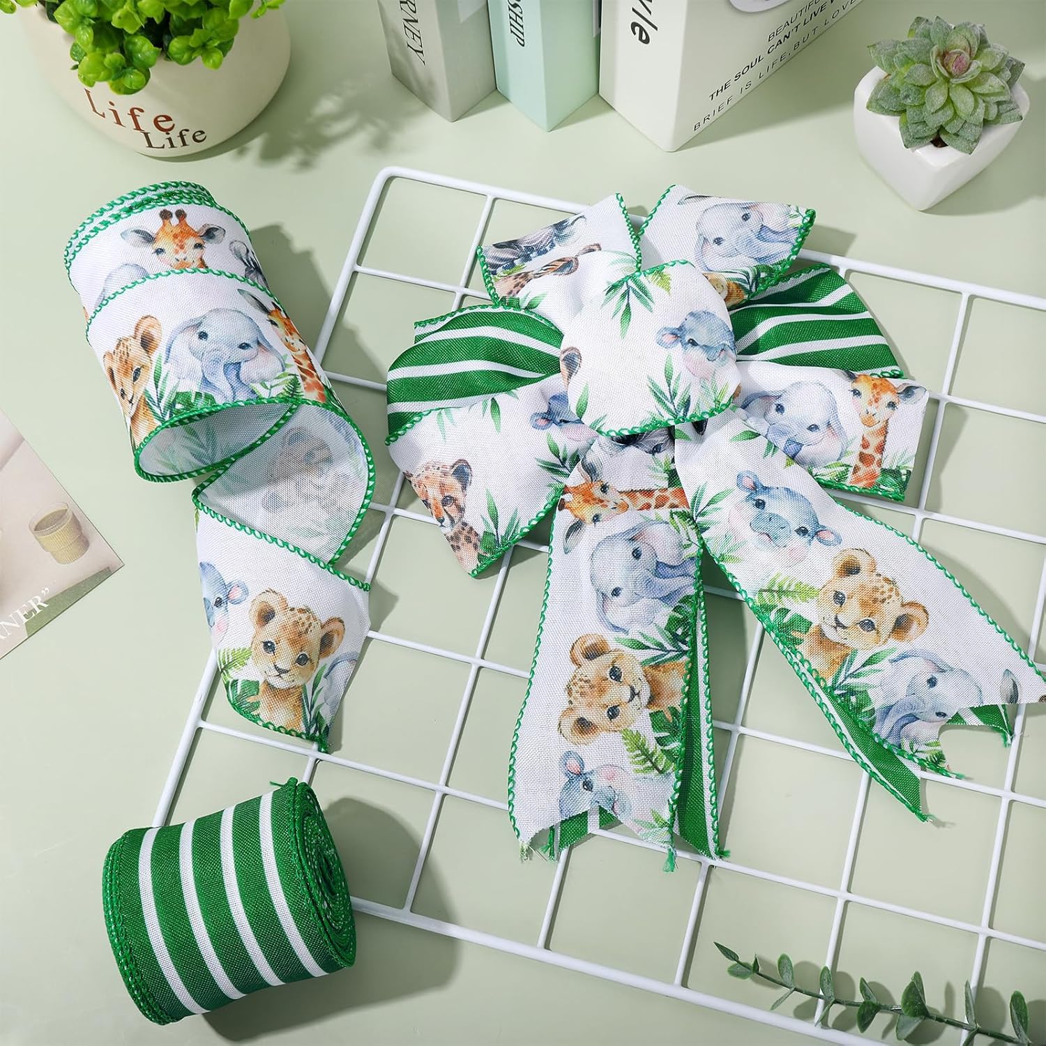 JarThenaAMCS 2 Roll Jungle Animal Wired Edge Ribbon 2.5 Inch 20 Yards Safari Animal Print Ribbon for Bow Wreath Craft Gift Wrap Party Decor (Pack of 2)