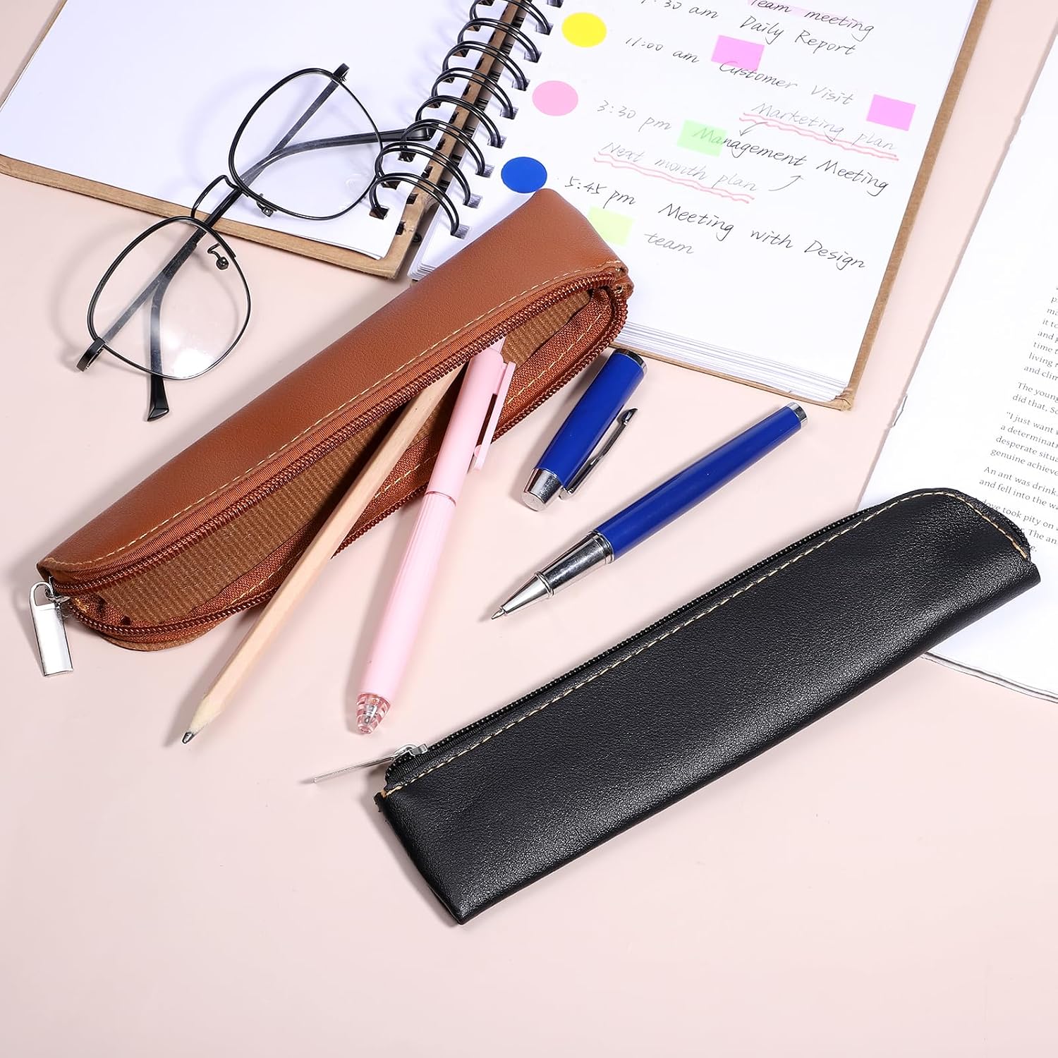 Bewudy 2pcs Leather Pencil Case, Small Pencil Pouch Portable Zipper Bag Cute Slim Makeup Bag Soft Simple Office Stationery Pouches for Women Men Markers Change Coins(Black, Brown)