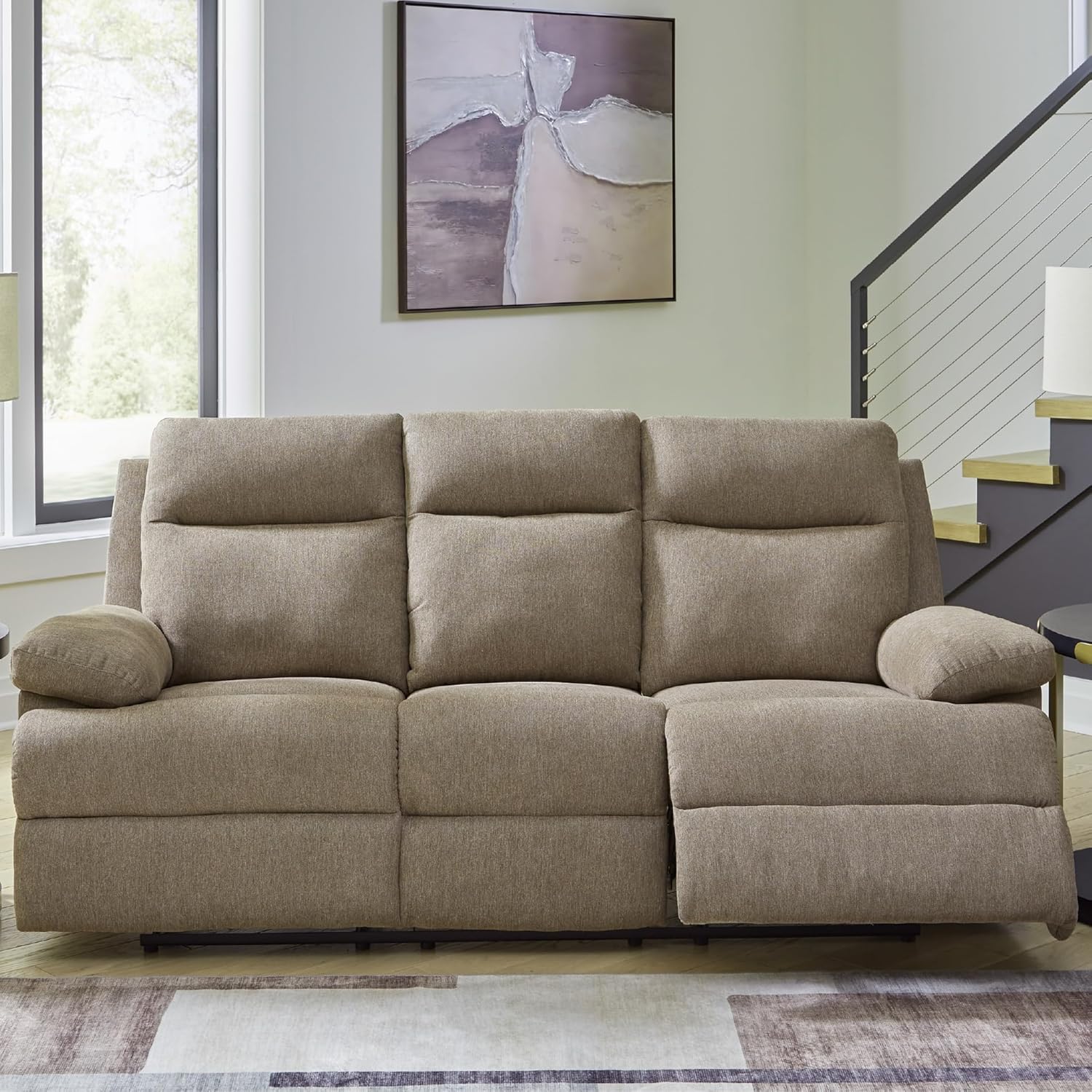 Signature Design by Ashley Yarrow Lane Classic Chenille Manual Pull Tab Reclining Sofa with Drop Down Table and USB Charging, Light Brown