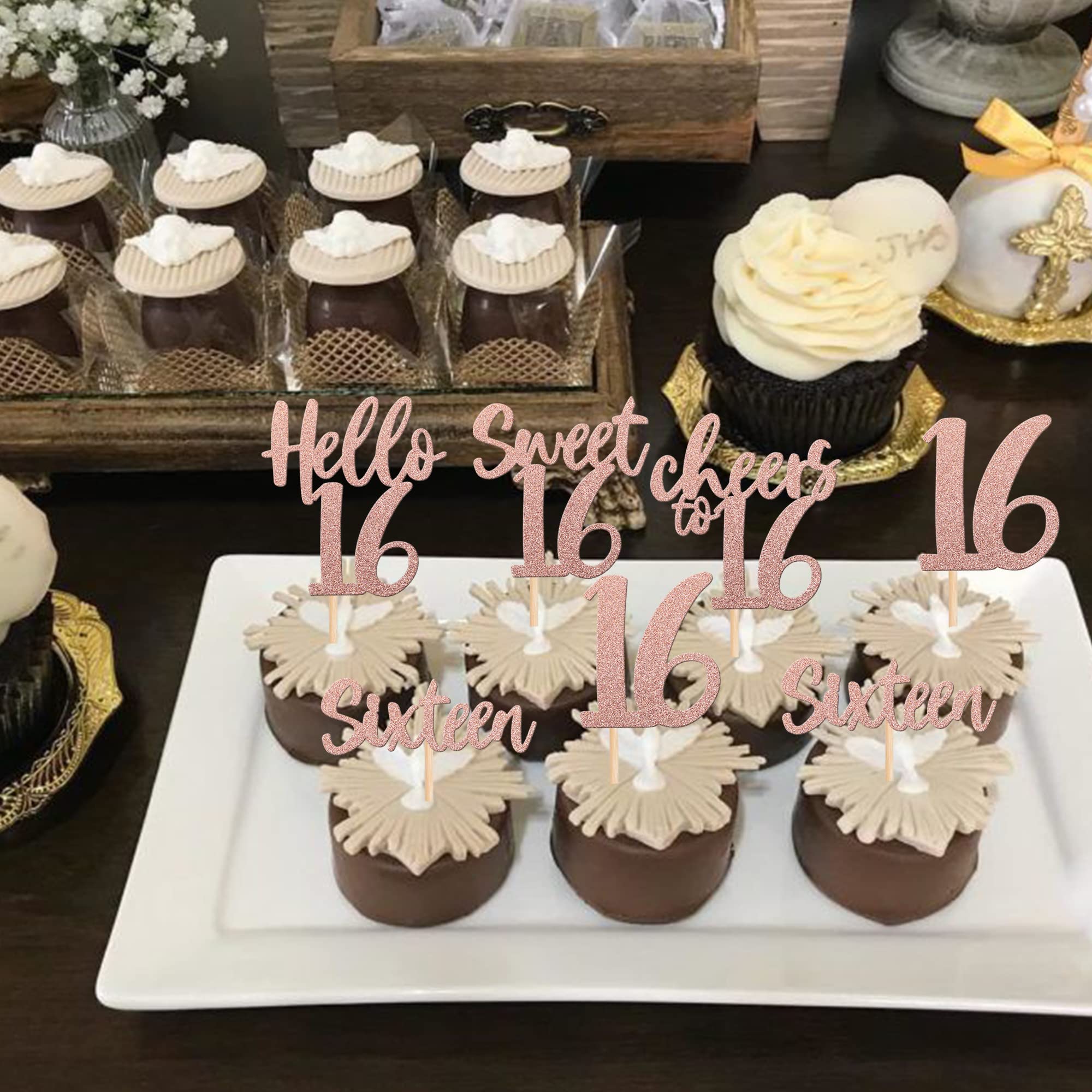 30 Stück Cupcake-Topper „Happy 16th Birthday“ – Glitzernd, Roségold, Für Geburtstag & Feiern
