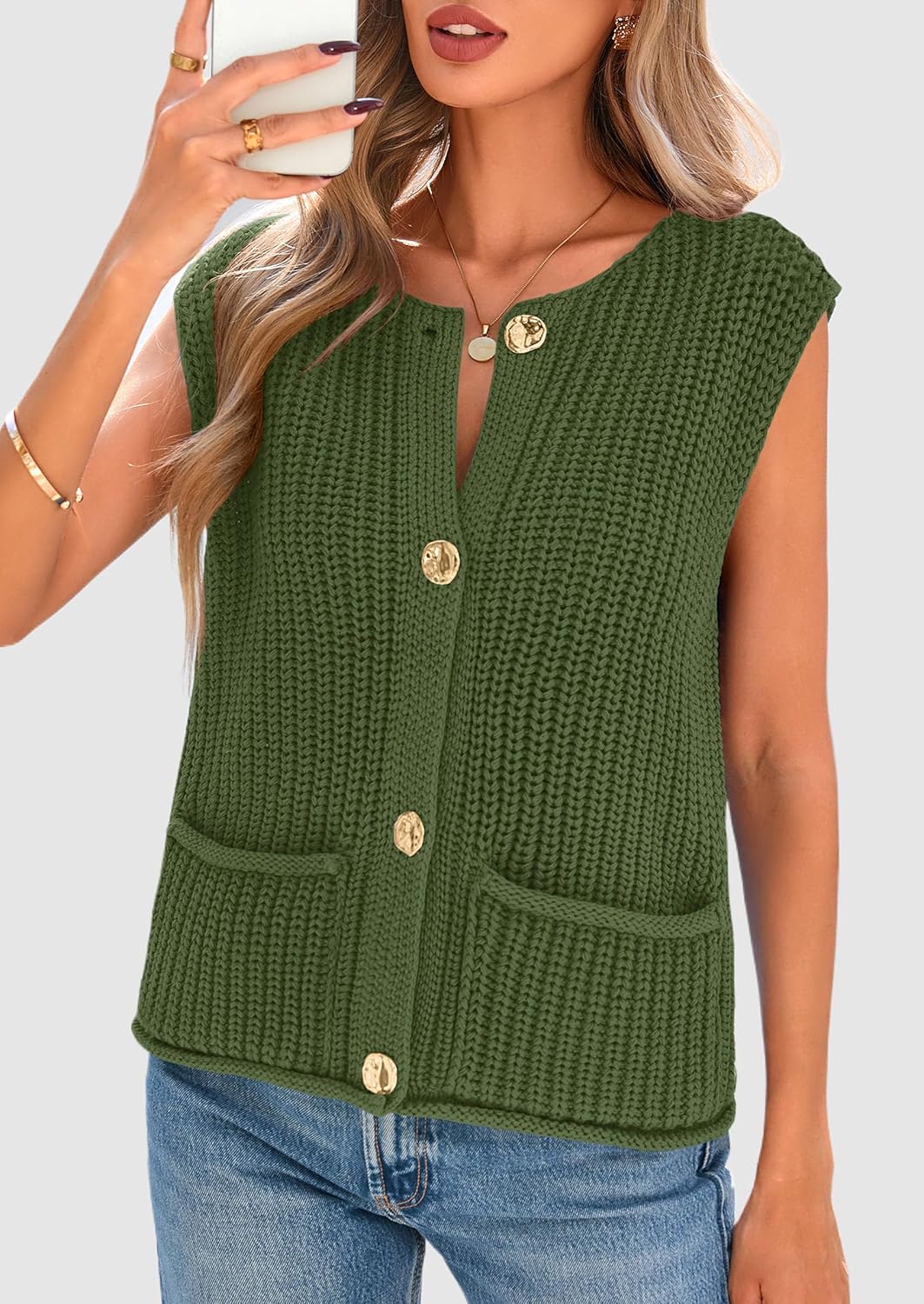 PRETTYGARDEN Women's Summer Sweaters Vest 2025 Sleeveless Button Down Cropped Pockets Chunky Knit Cardigan Trendy Tank Tops - Image 7